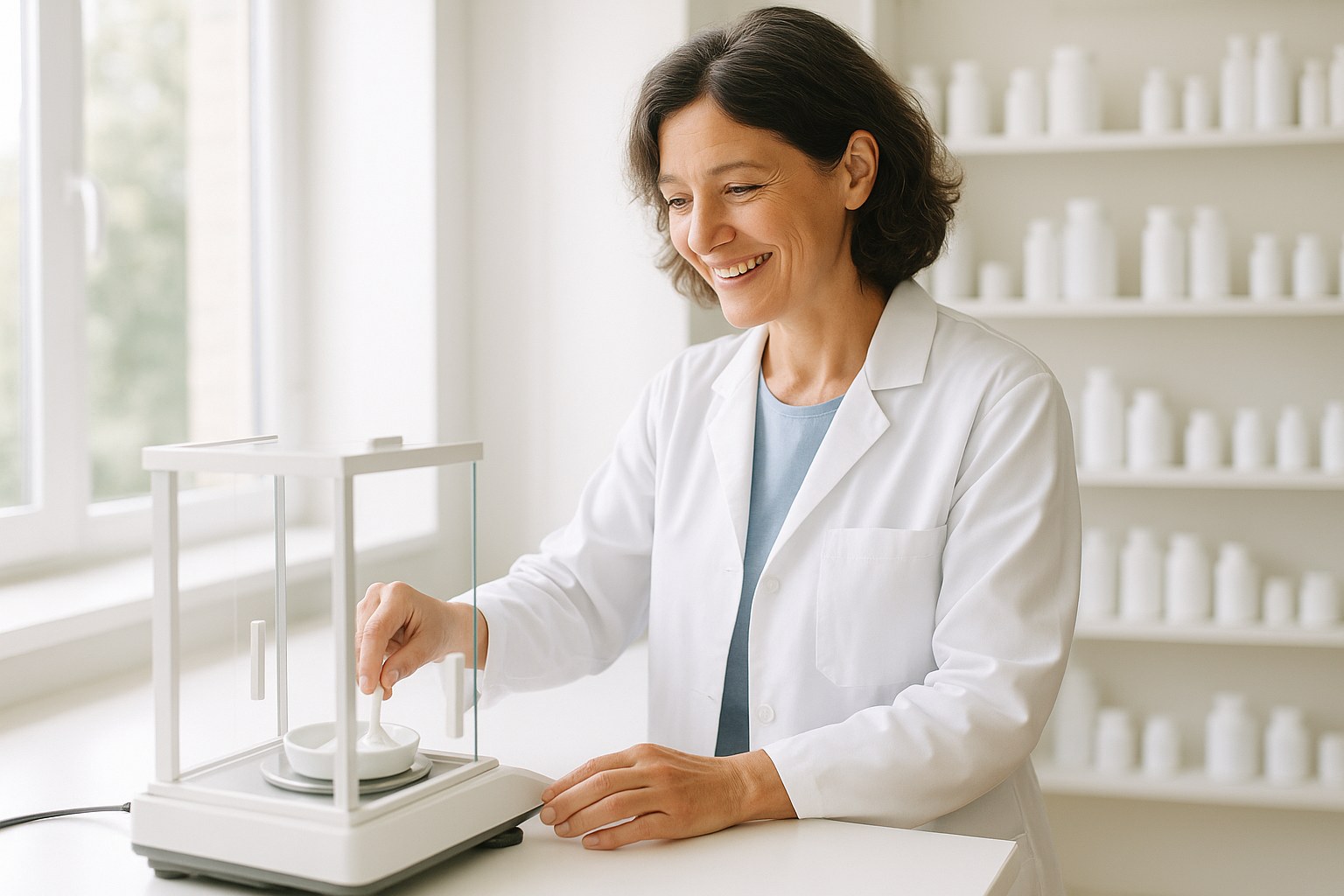 Lifestyle: A pharmacist in a white coat stands at a compounding bench in a bright lab, weighing powder on a balance, morn