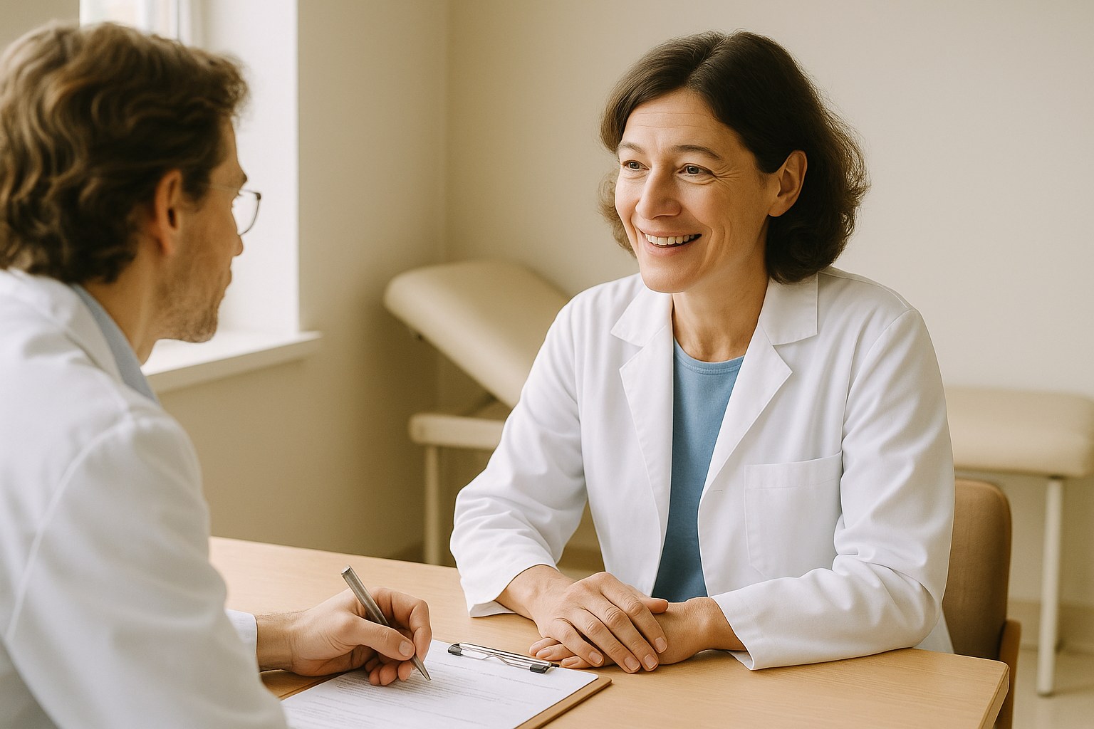 Lifestyle: A woman sits across from her prescriber in an exam room, both leaning in mid-conversation, notes on a clipboar