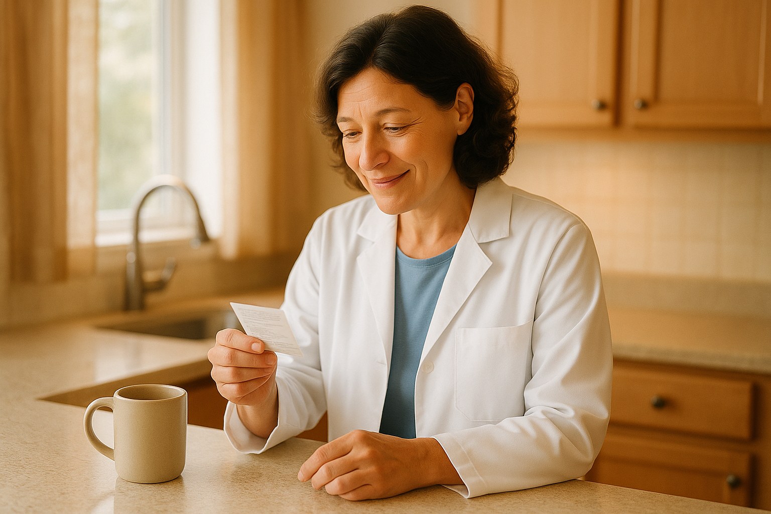 Lifestyle: An adult reads a prescription label at a kitchen counter, coffee mug beside him, late afternoon light coming t