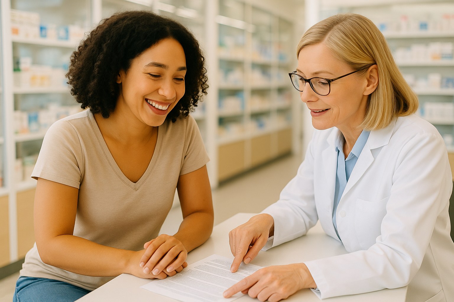 Lifestyle: Nadia, the same woman, talking with a pharmacist across a counter as the pharmacist points at a printed sheet,