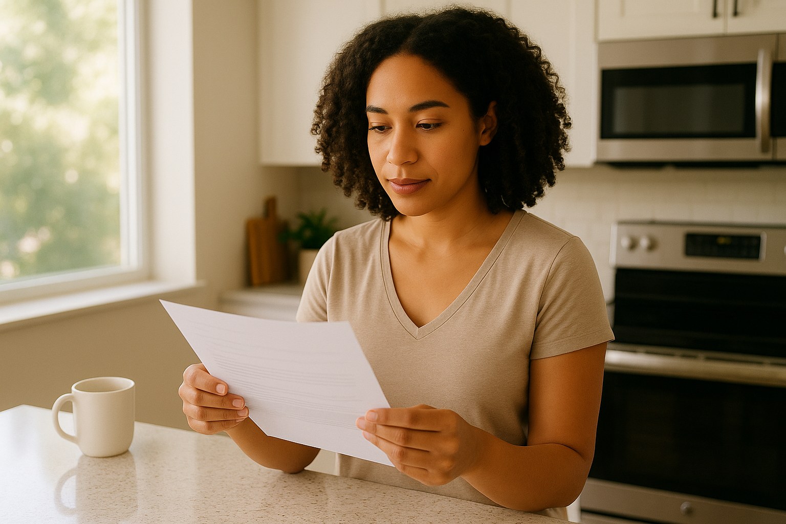 Lifestyle: Nadia, the same woman, at a kitchen counter reading a printed insurance letter with a thoughtful but calm expr
