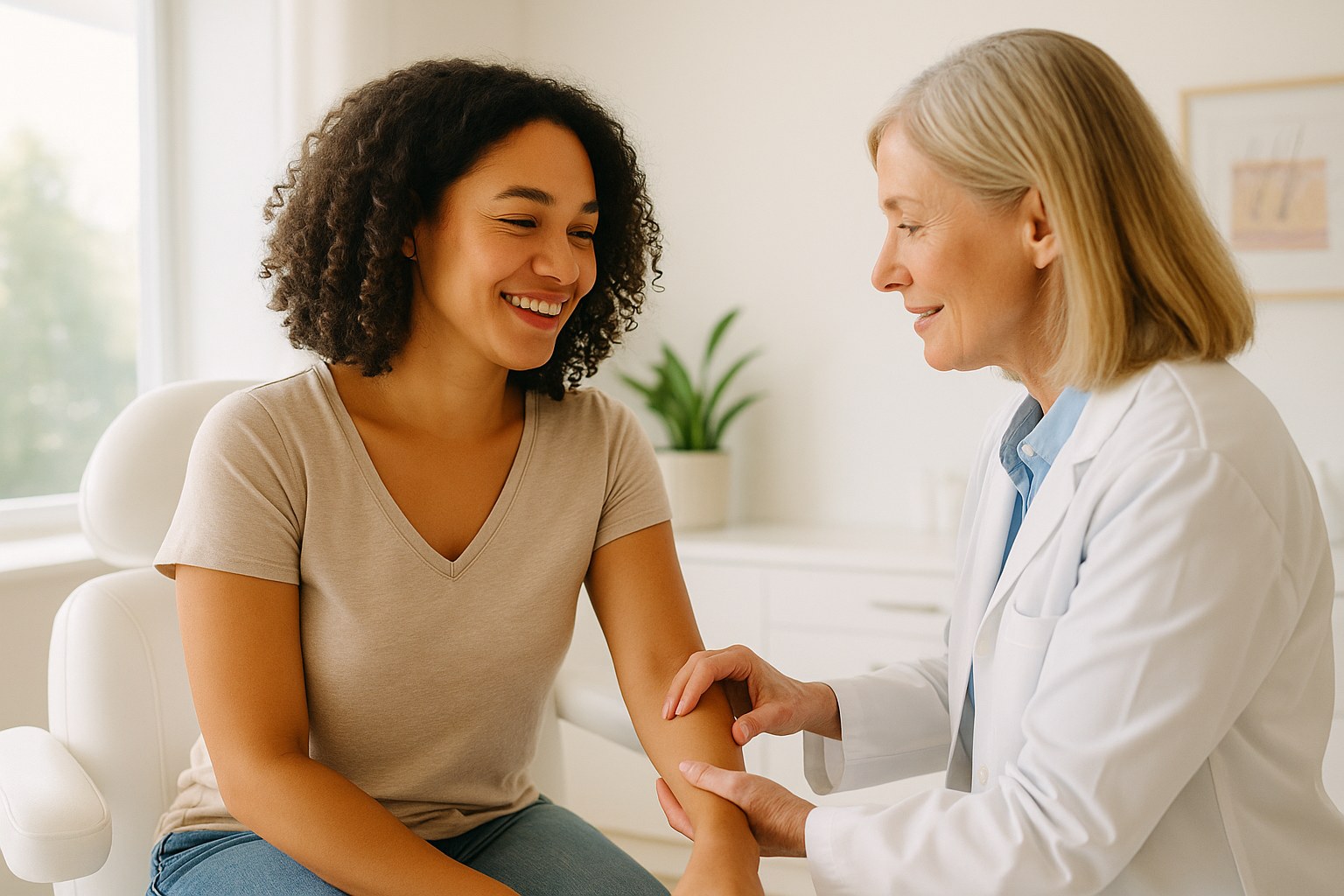 Lifestyle: Nadia, a woman in her 30s with medium-brown skin and natural curly hair, at a sunlit dermatology clinic as the