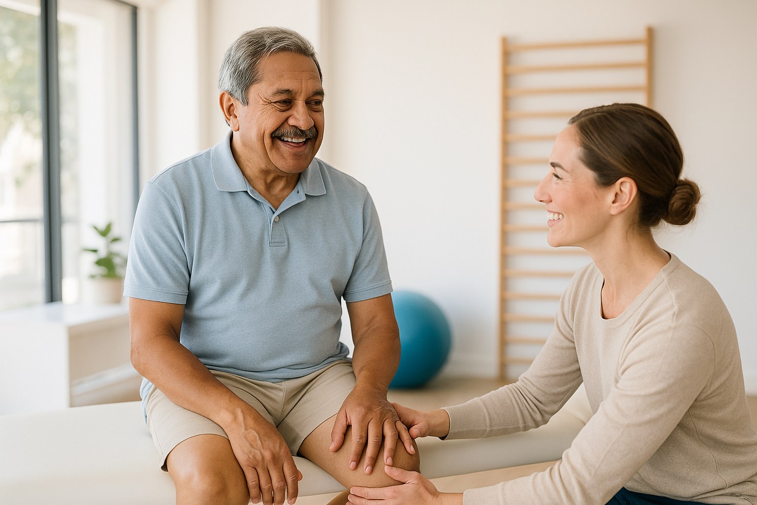 Lifestyle: Walter, a man in his 60s with white hair, light brown skin and a warm face, with a physical therapist reviewin