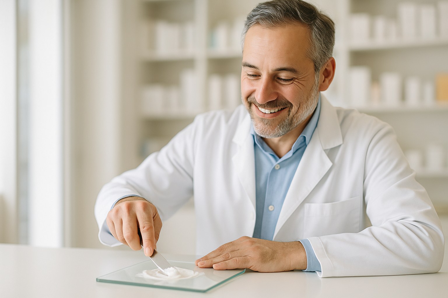 Lifestyle: a pharmacist in a white coat working a preparation on an ointment slab with a spatula at a clean bench, hands