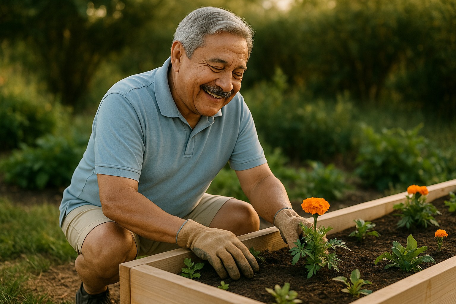 Lifestyle: Walter, the same white-haired man, gardening on his knees in a raised bed, late afternoon light, relaxed and c