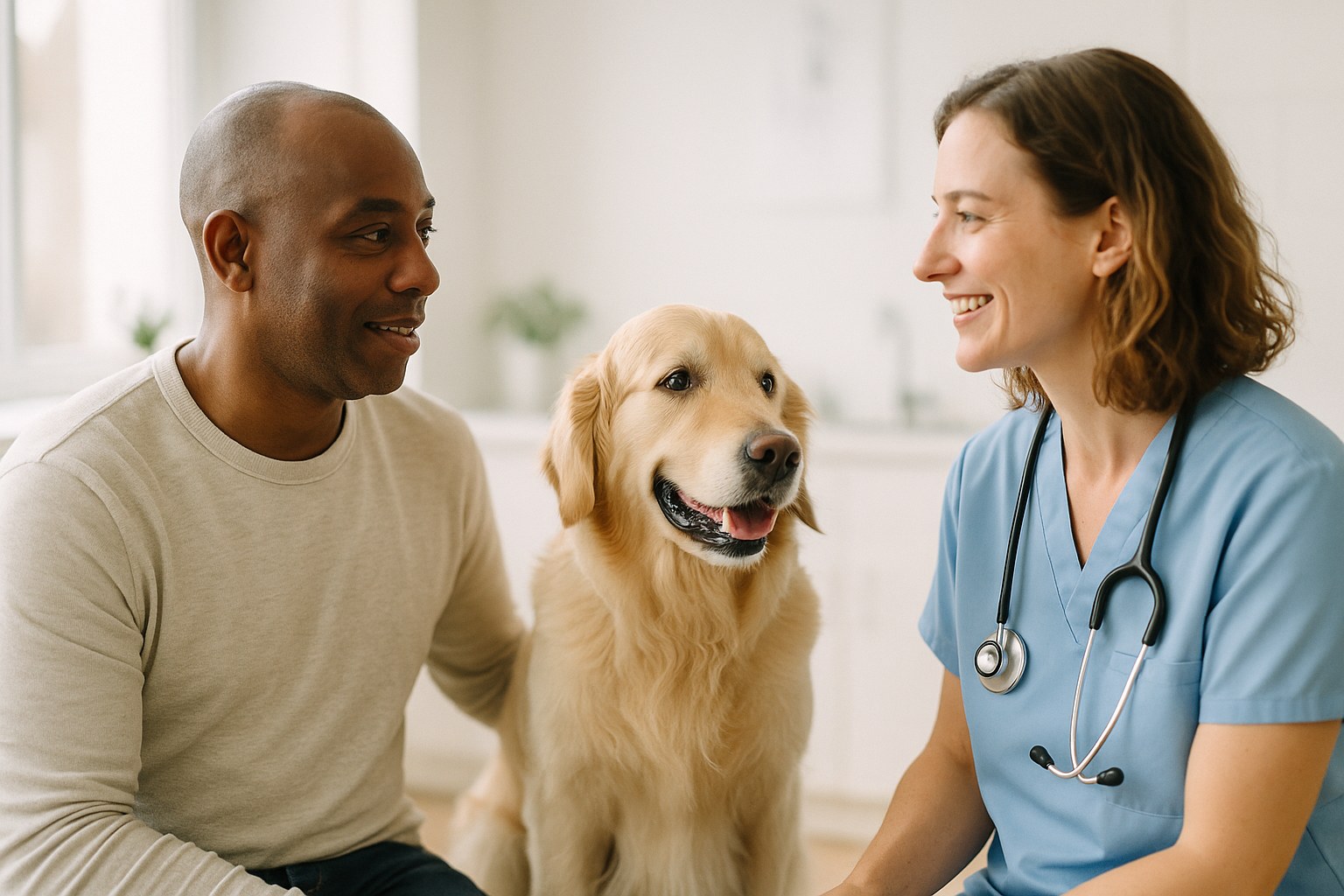 Lifestyle: a veterinarian talking with a dog owner, a man in his 40s with a shaved head and dark skin, in a bright exam r
