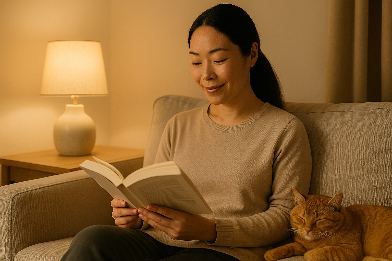 Lifestyle: Mei, the same woman, on a sofa at home with the same orange cat asleep beside her, reading, soft lamp light, c