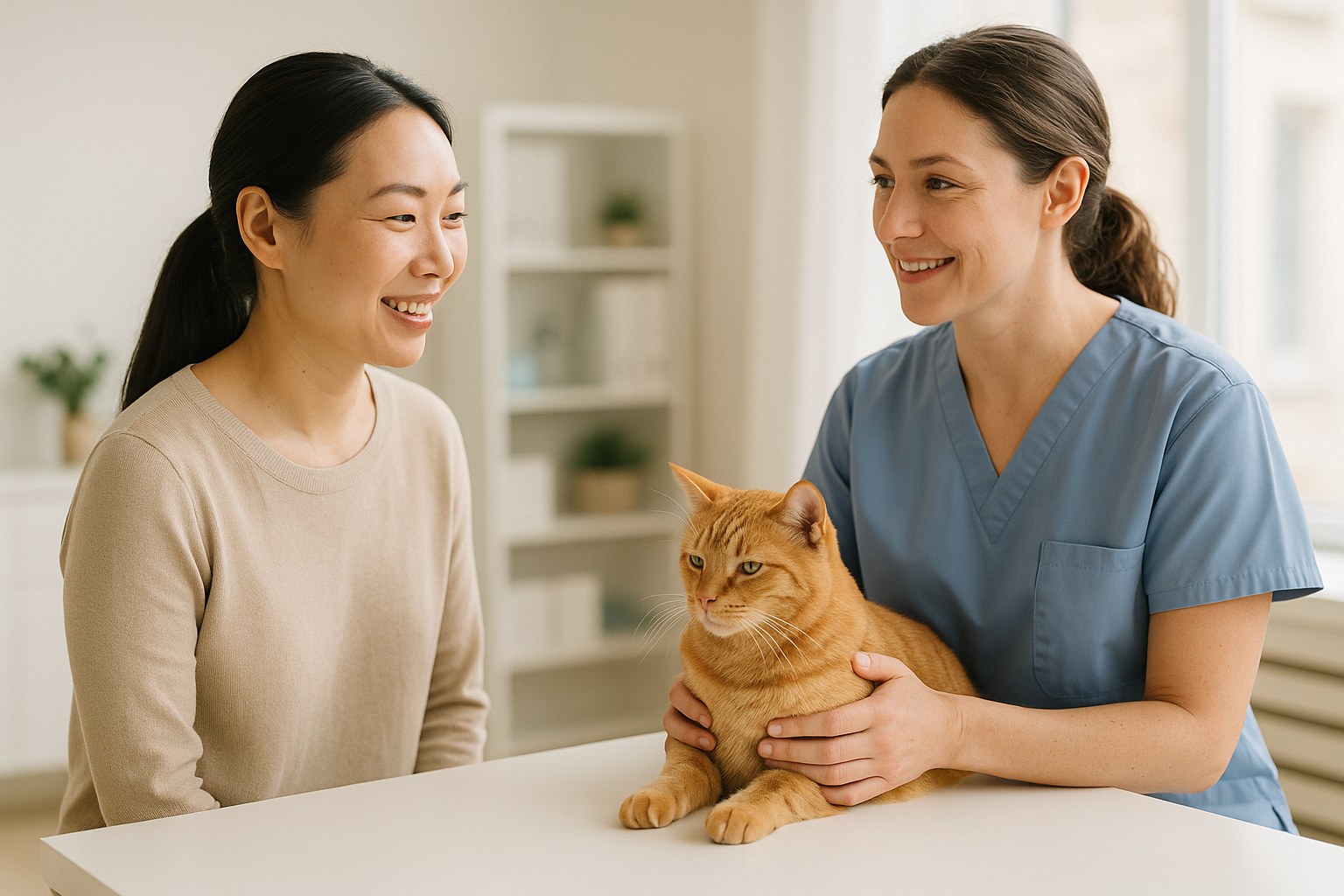 Lifestyle: Mei, an East Asian woman in her 30s with a black ponytail, standing beside a veterinary technician who is crad