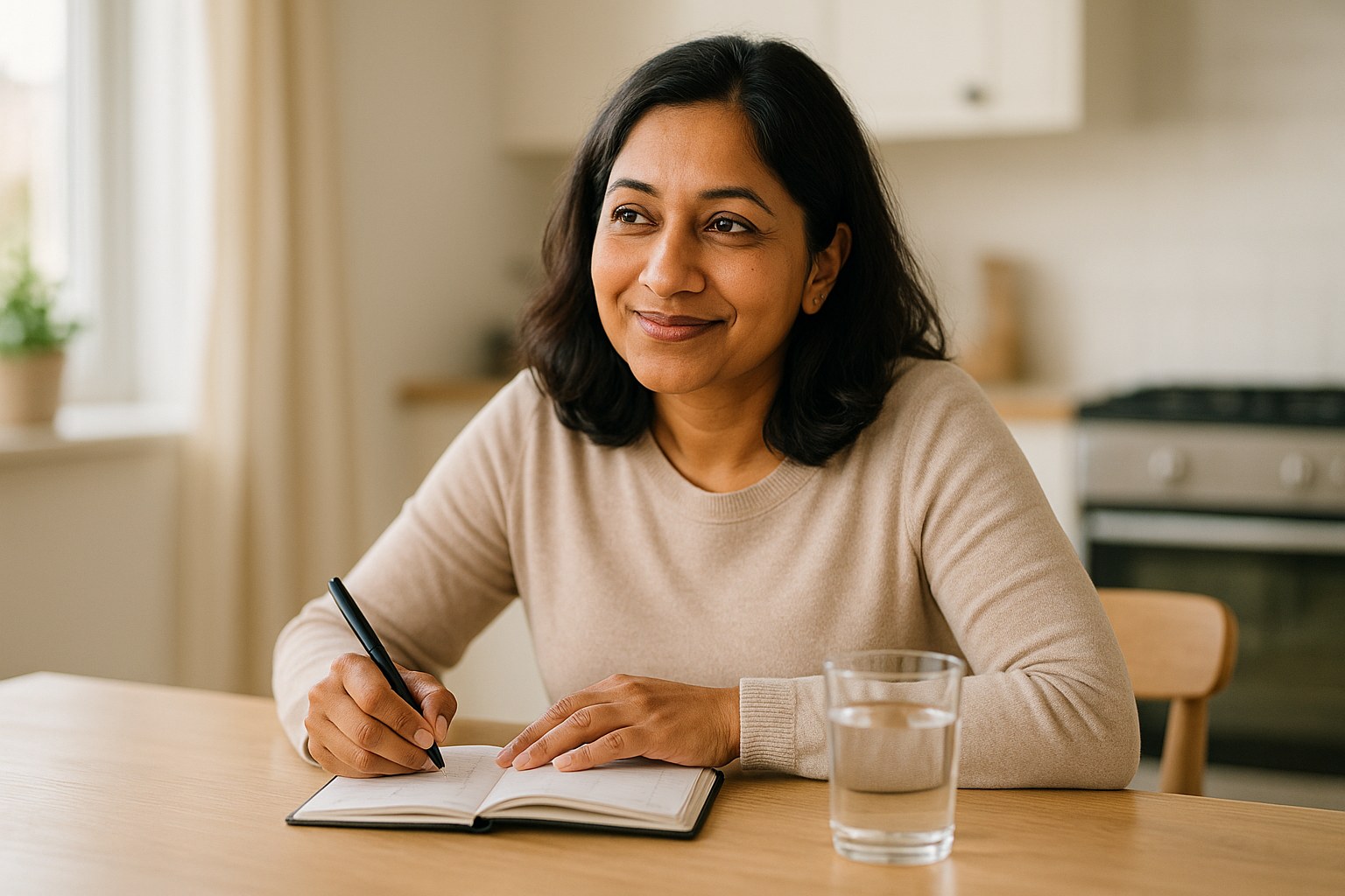 Lifestyle: Priya, a South Asian woman in her 40s with shoulder-length dark hair and a warm, easy expression, at a kitchen