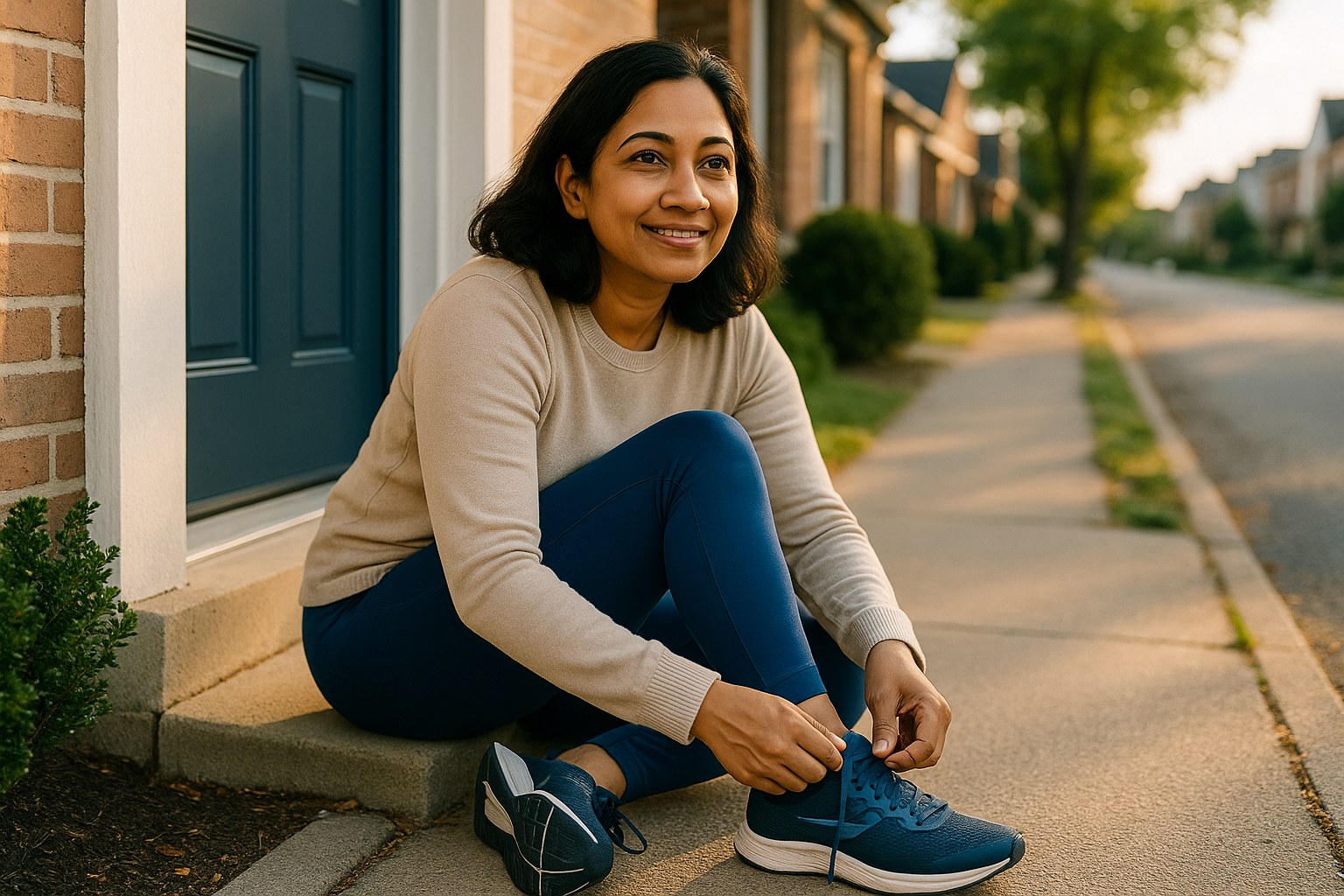 Lifestyle: Priya, the same woman, lacing running shoes on a front step in early morning light, quiet street behind, looki