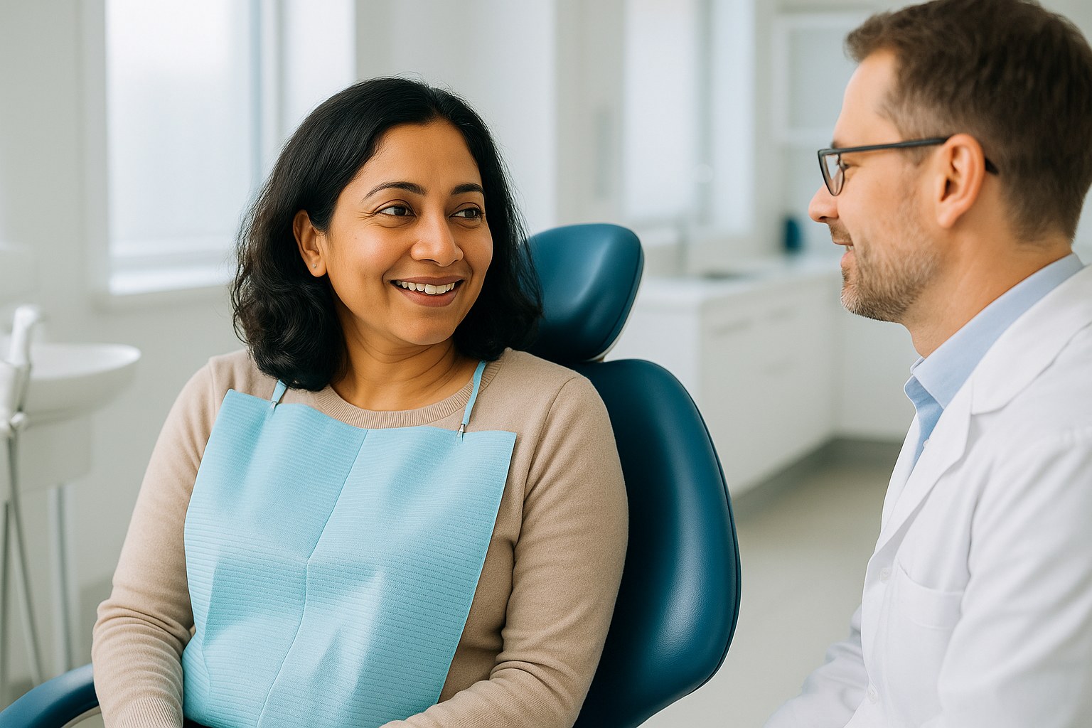 Lifestyle: Priya, the same woman, in a dentist's chair having a relaxed conversation with the dentist before an exam, bri
