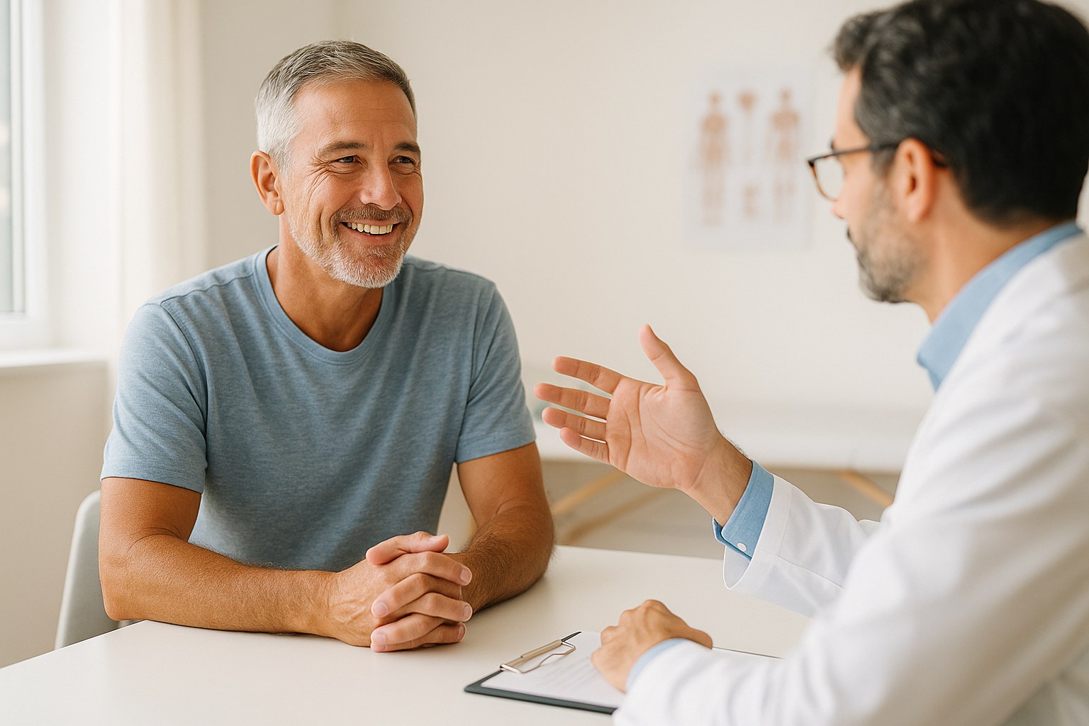 Lifestyle: Ray, a man in his mid 50s with a trim grey beard, tanned skin and an open, relaxed manner, in conversation wit