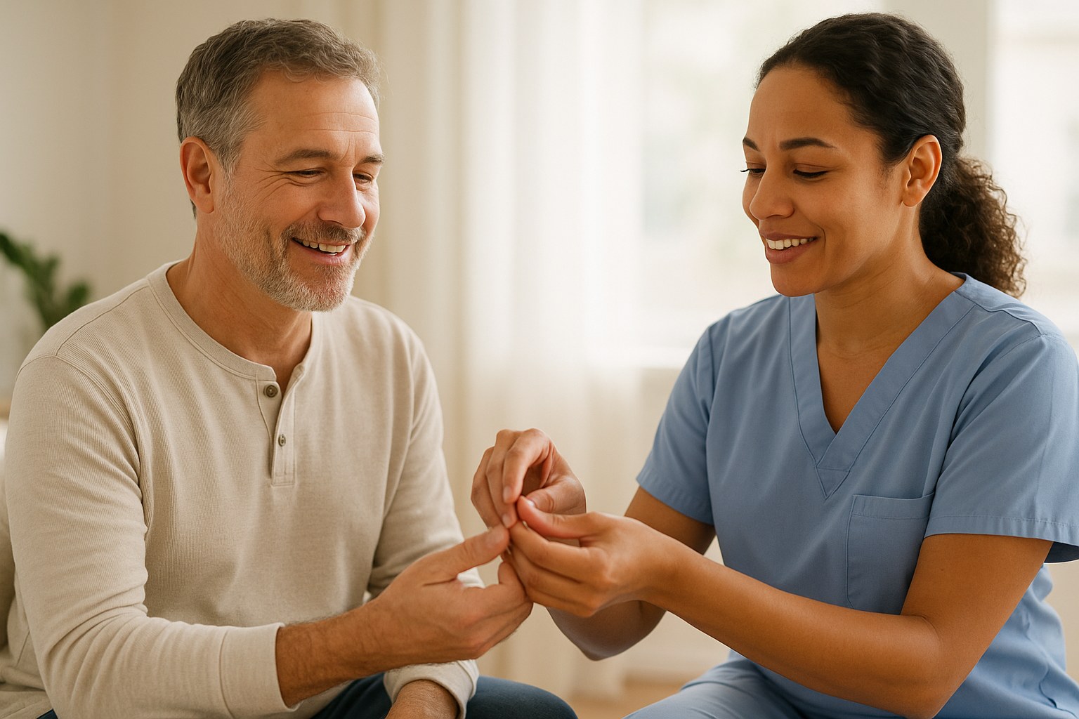 Lifestyle: a nurse in scrubs demonstrating a hand technique to a seated adult patient, hands only in frame, no needle vis