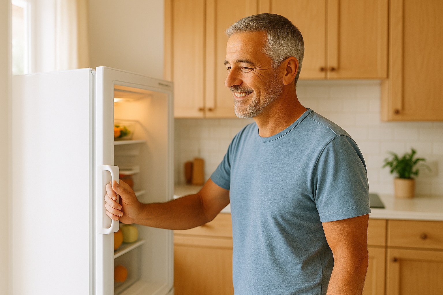 Lifestyle: Ray, the same grey-bearded man, opening a refrigerator in a tidy kitchen in the morning, seen from the side, w