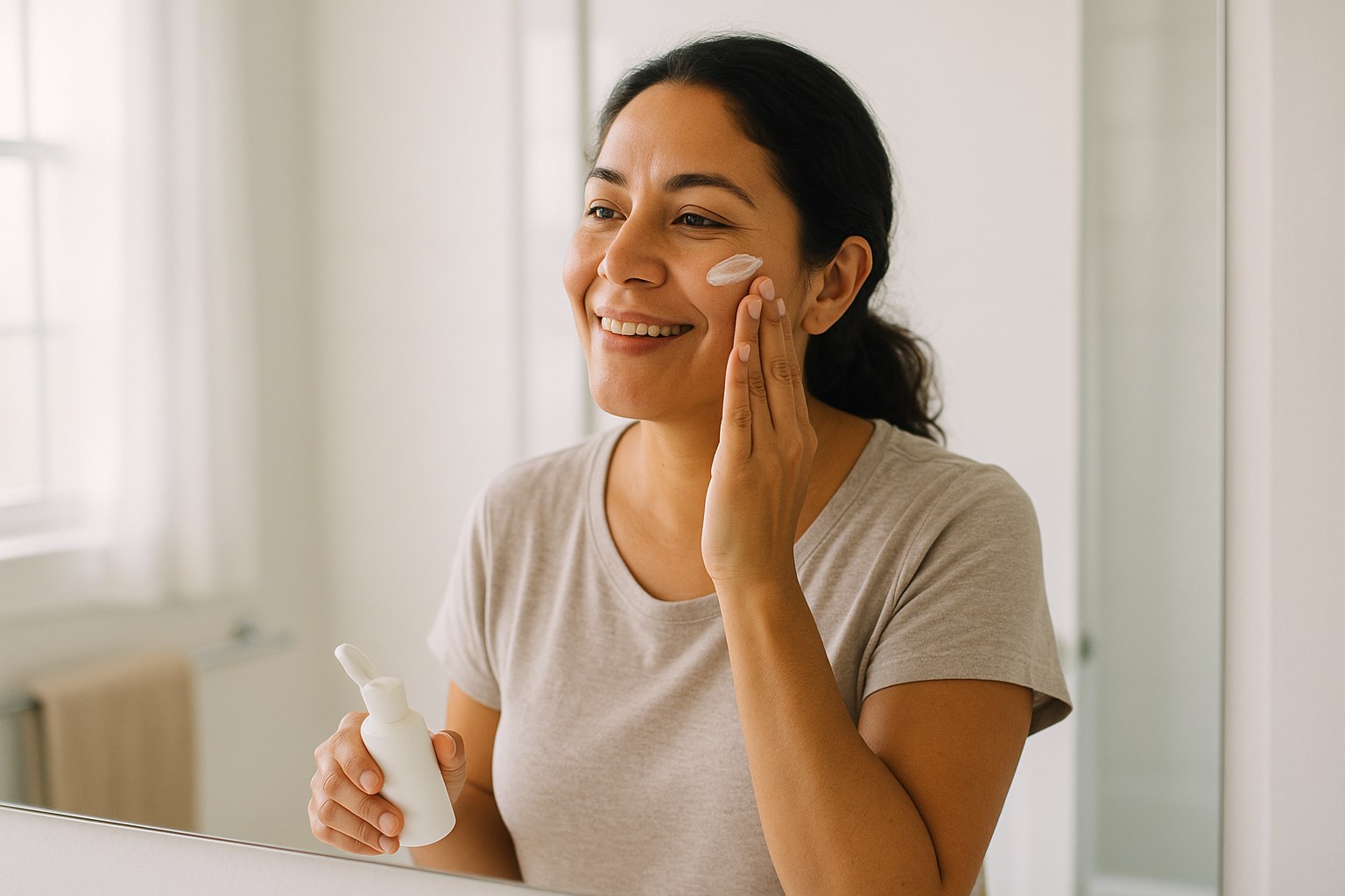 Lifestyle: Sofia, a Latina woman in her late 30s with warm tan skin and dark hair tied back, applying sunscreen at a brig