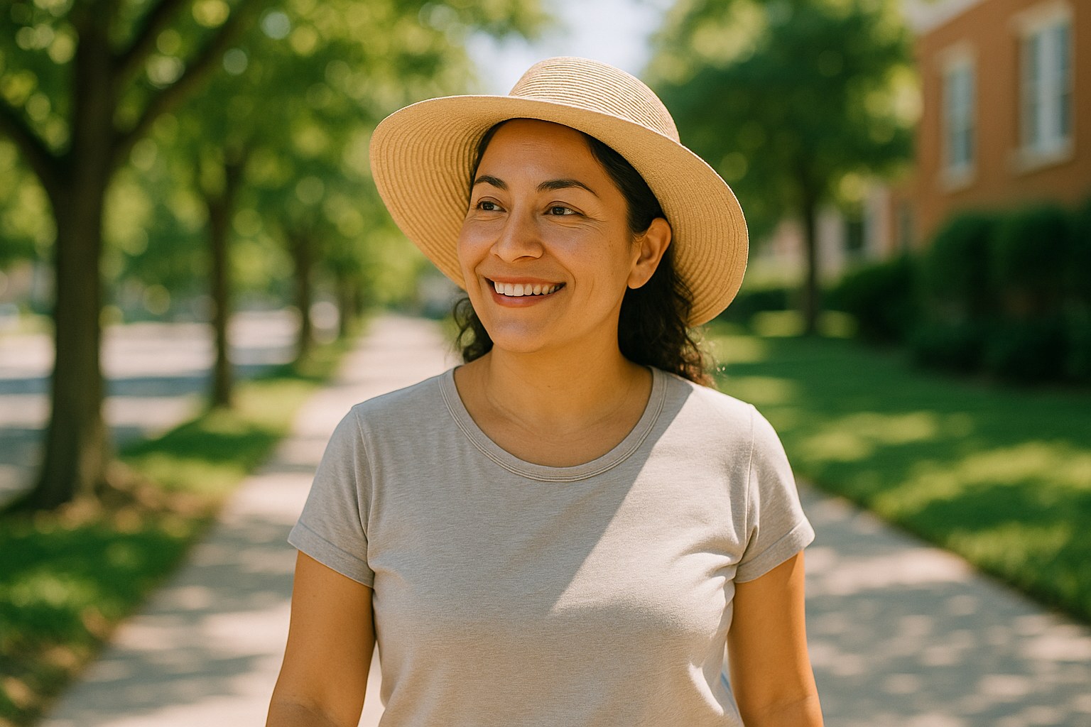 Lifestyle: Sofia, the same woman, wearing a wide-brimmed hat walking on a sunny sidewalk, dappled shade, seen from a slig