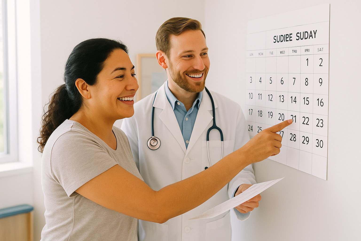 Lifestyle: Sofia, the same woman, and a dermatologist looking at a wall calendar together in a clinic office, both engage