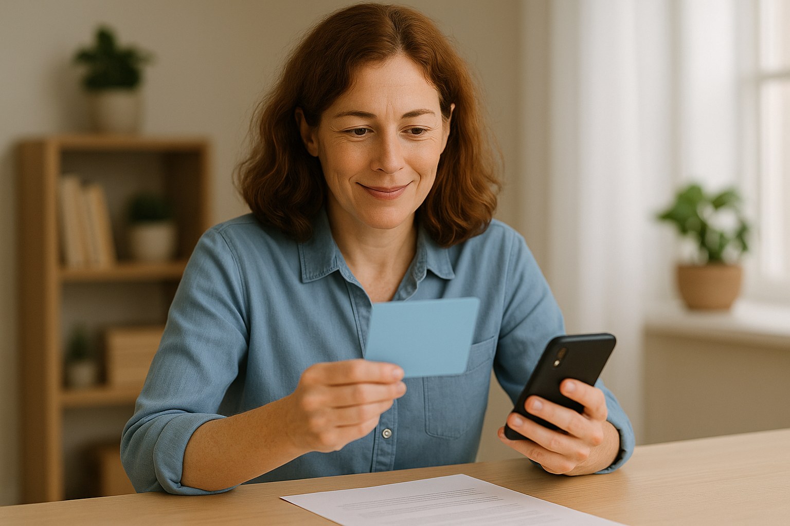 Lifestyle: Dana, the same woman, at a home desk holding a plain blue card and her phone, comfortable, soft light