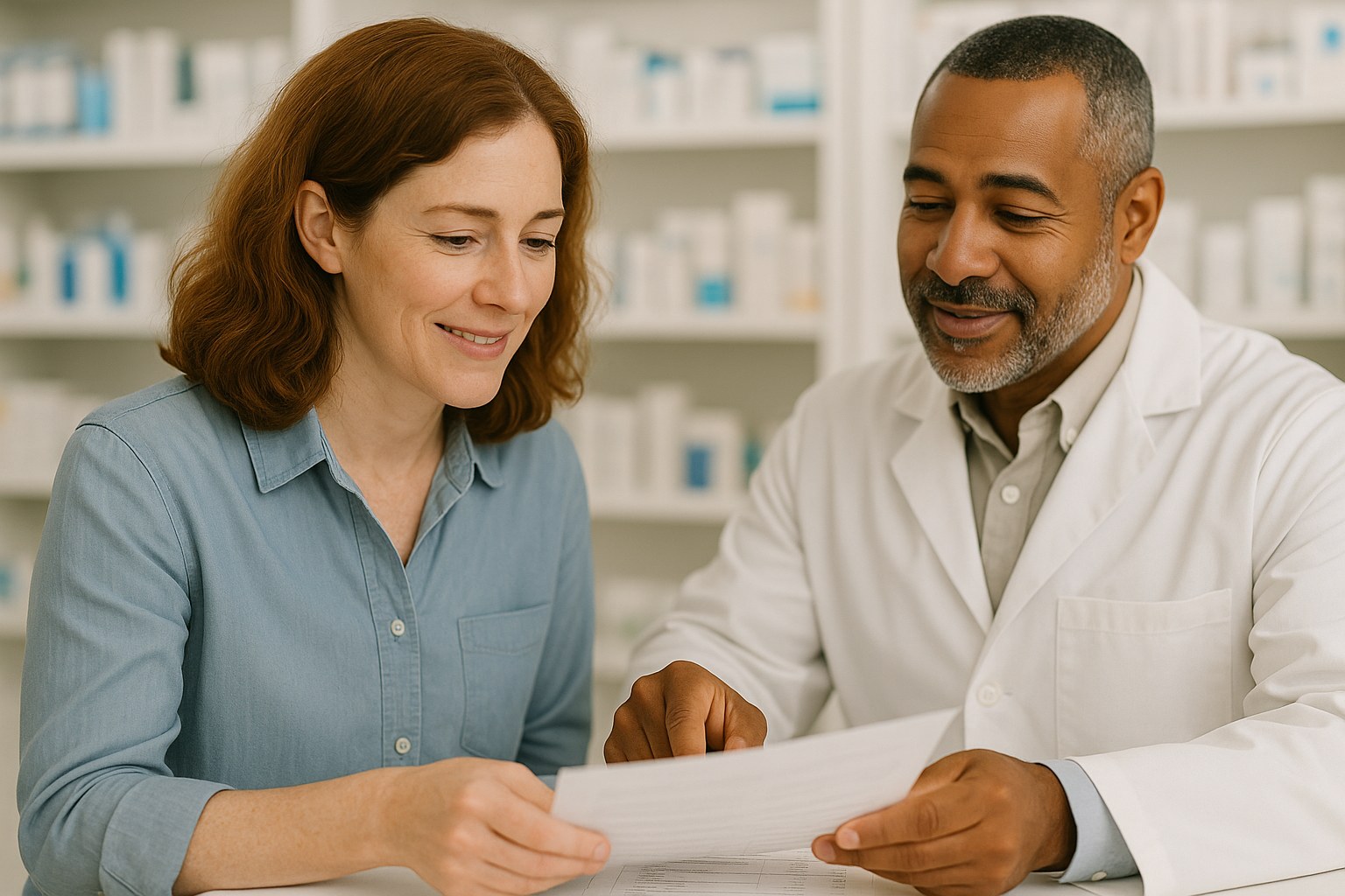 Lifestyle: Dana, the same auburn-haired woman, at a pharmacy counter as the pharmacist points to a printed price sheet, b