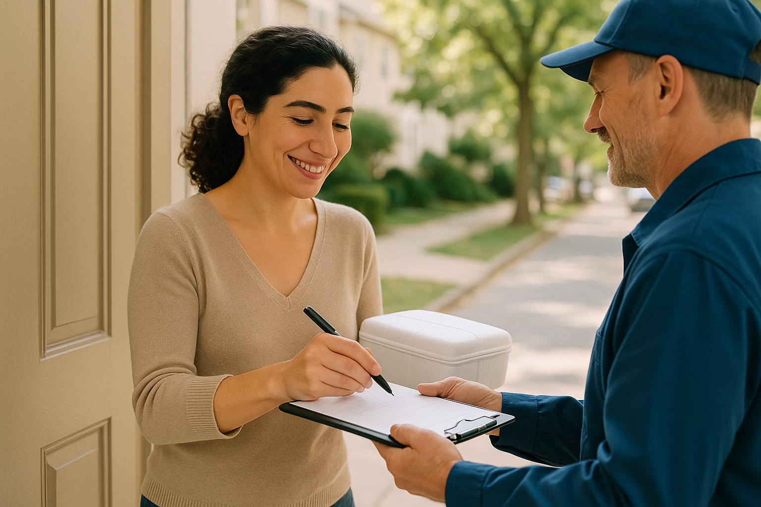 Lifestyle: Elena, the same woman, signing for a small insulated parcel from a courier at her front door on a tree-lined s