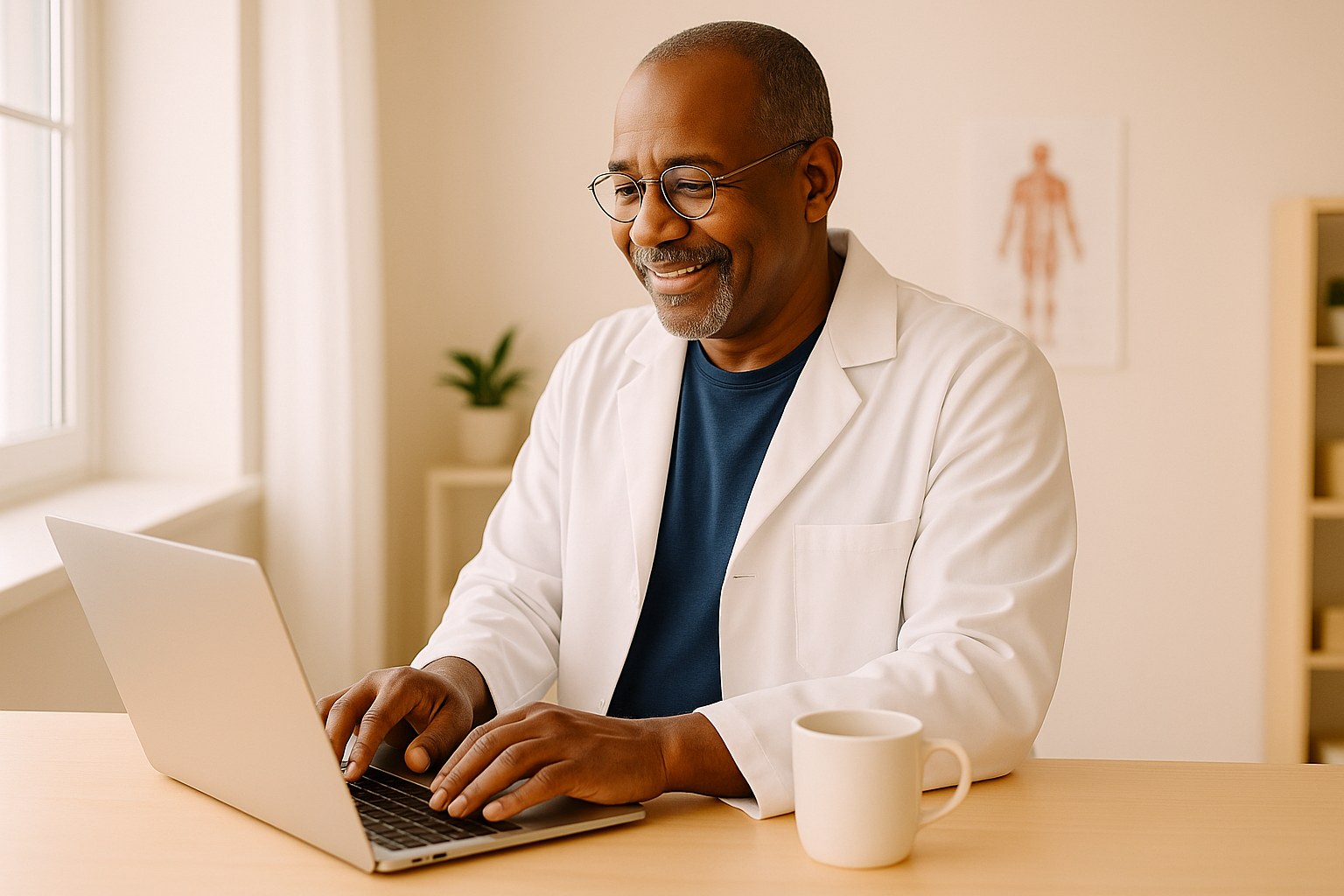 Lifestyle: Marcus, the same man, standing at a clinic counter typing on a laptop beside a coffee cup, quietly pleased, so