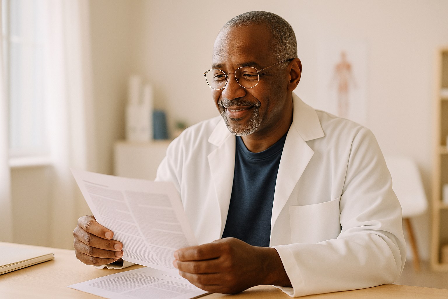 Lifestyle: Marcus, a Black man in his 50s with close-cropped graying hair, wire-rim glasses and a white coat over a navy