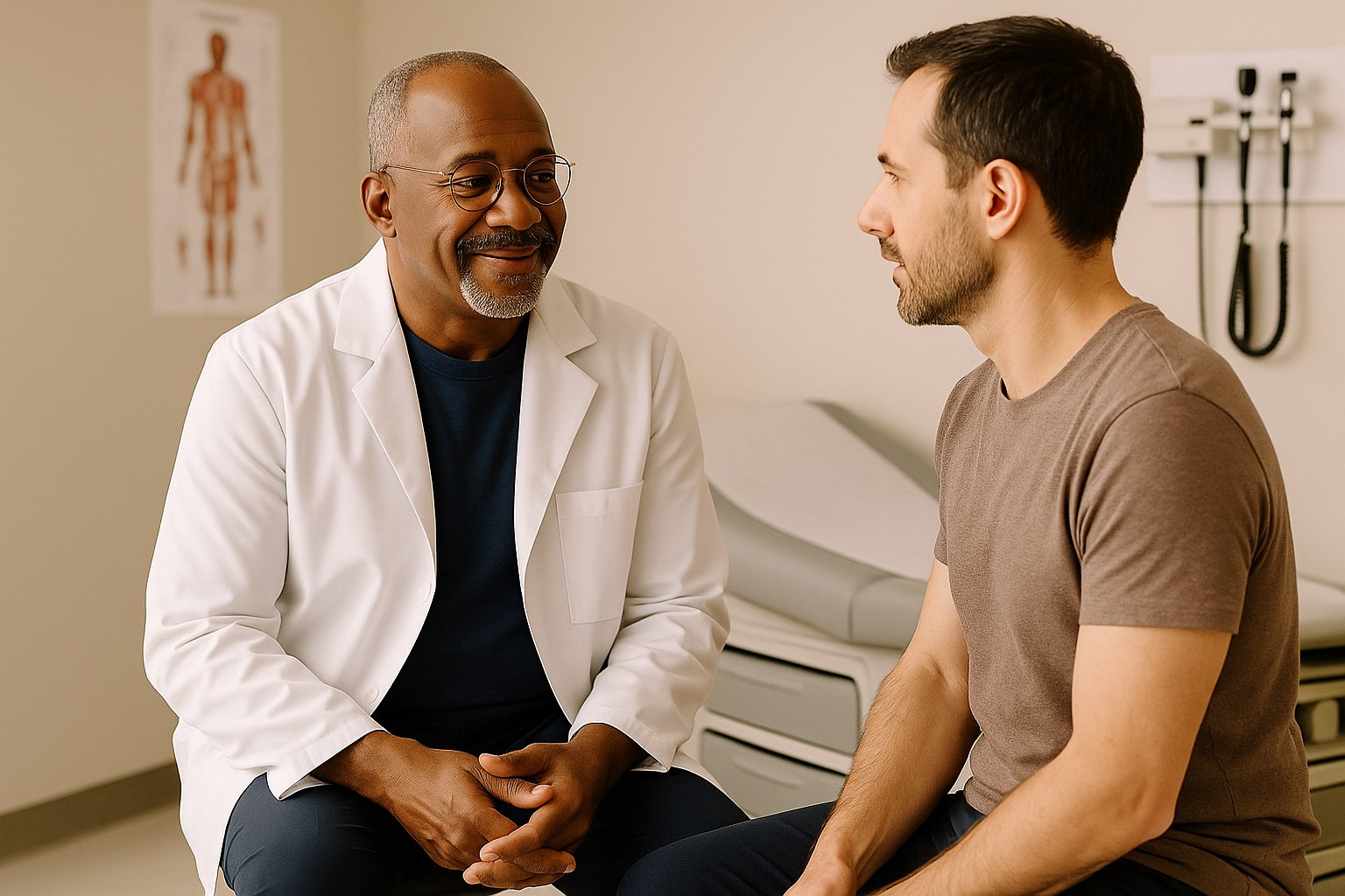 Lifestyle: Marcus, the same man, seated on a rolling stool in an exam room talking with an adult patient, both attentive