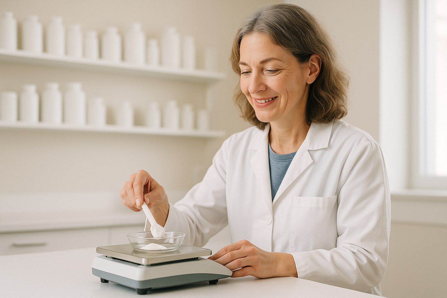 Lifestyle: a pharmacist in a white coat at a clean compounding bench, hands only, weighing into a glass dish under even o
