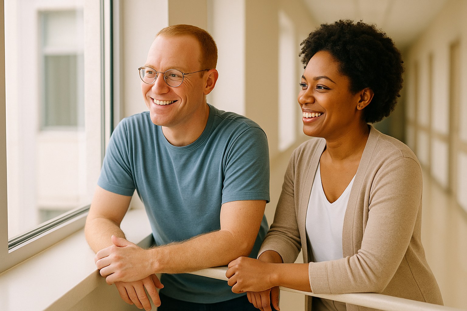 Lifestyle: Nathan, the same man, standing at a corridor window with a colleague, both leaning on the sill mid-conversatio