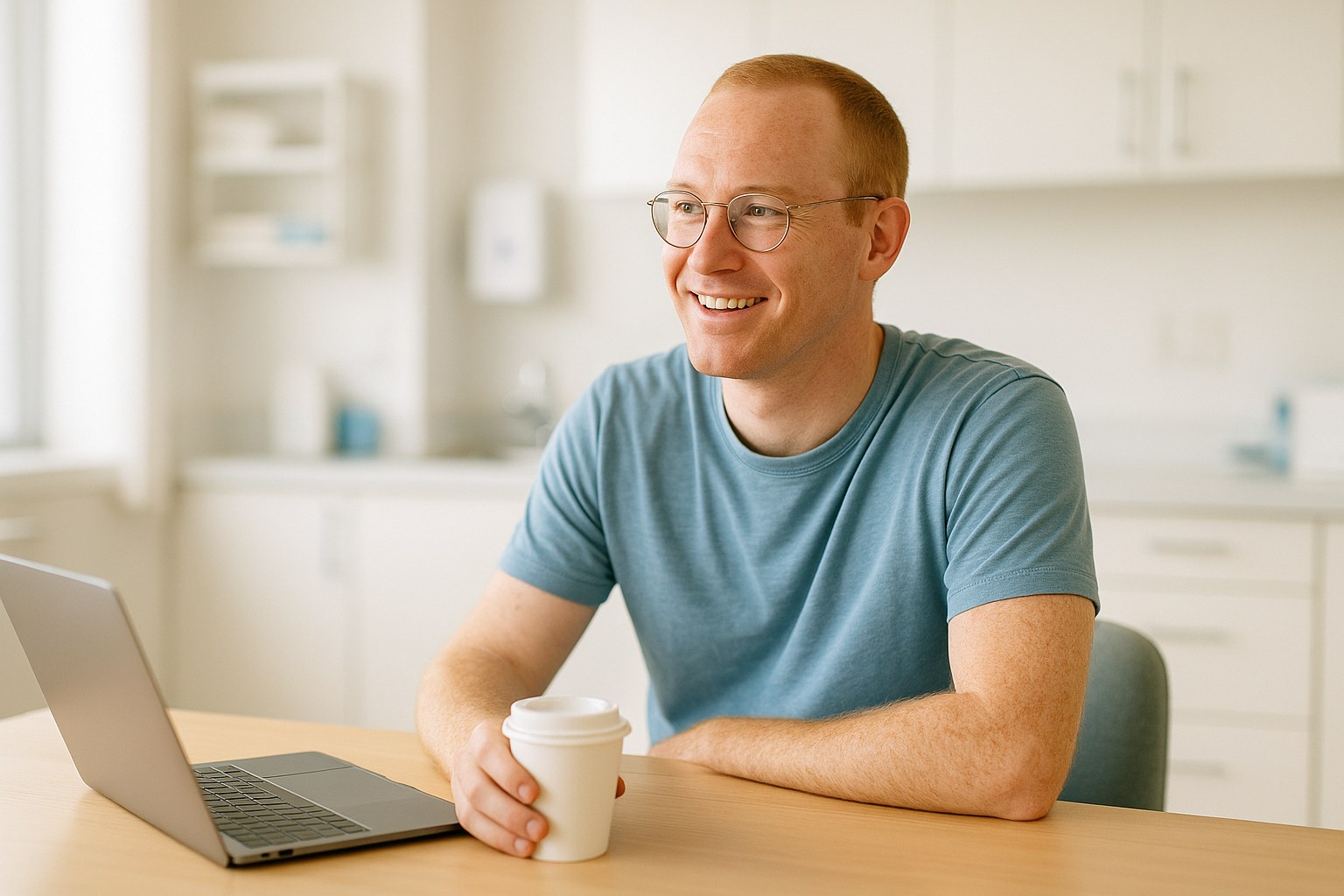 Lifestyle: Nathan, a man in his late 30s with close-cropped ginger hair, freckled forearms and wire-frame glasses, seated