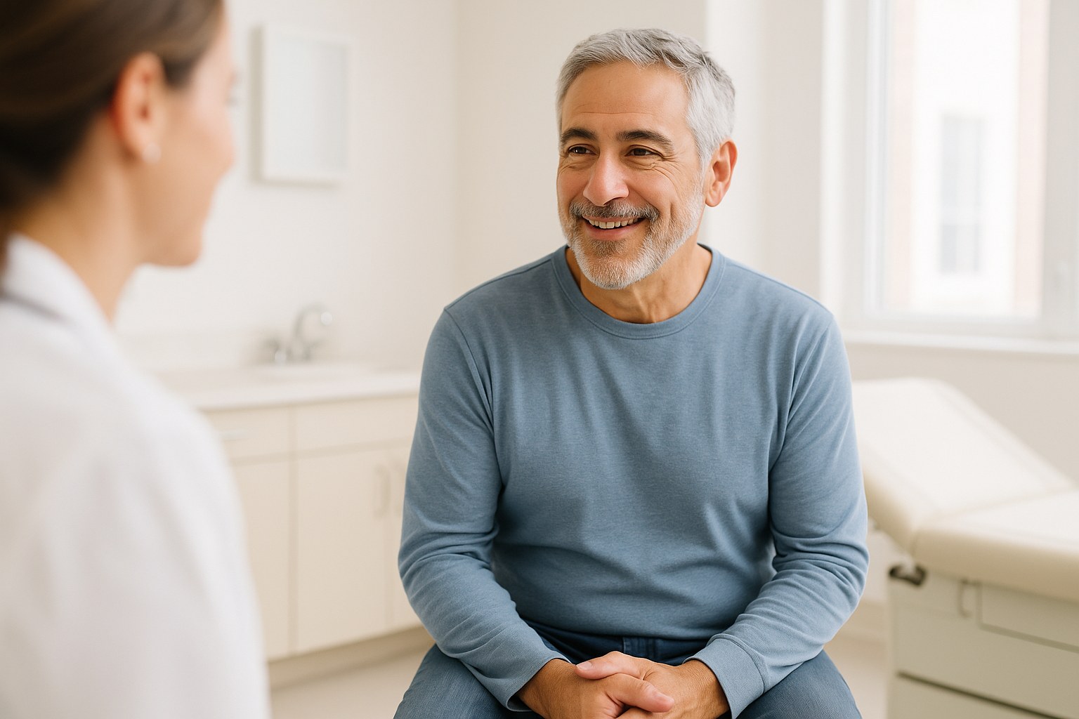 Lifestyle: Owen, a man in his early 60s with silver hair, a trimmed beard and olive skin, seated on an exam-room stool in