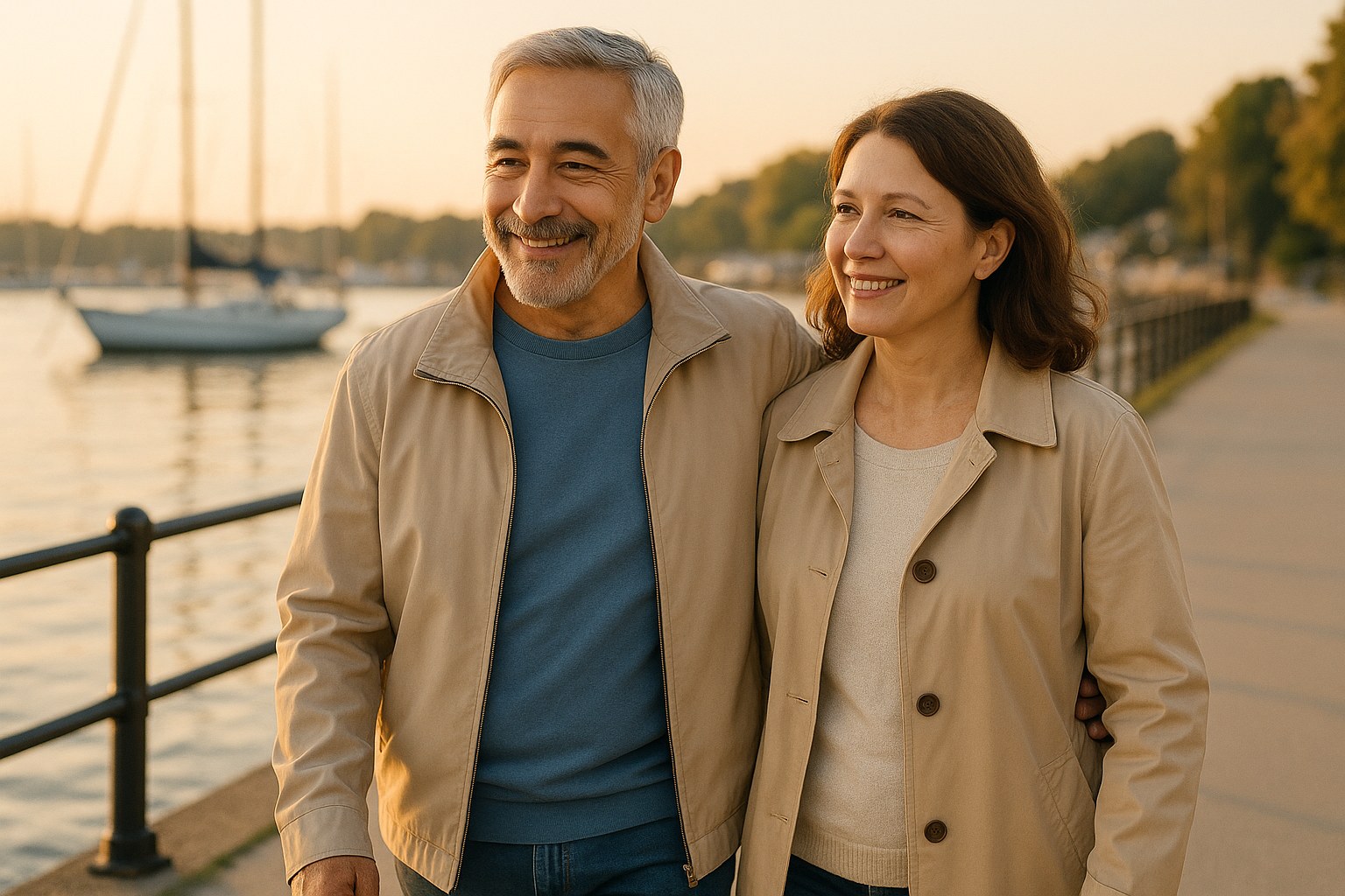 Lifestyle: Owen, the same man, walking with his wife along a quiet harbor path in a light jacket, content and unhurried,