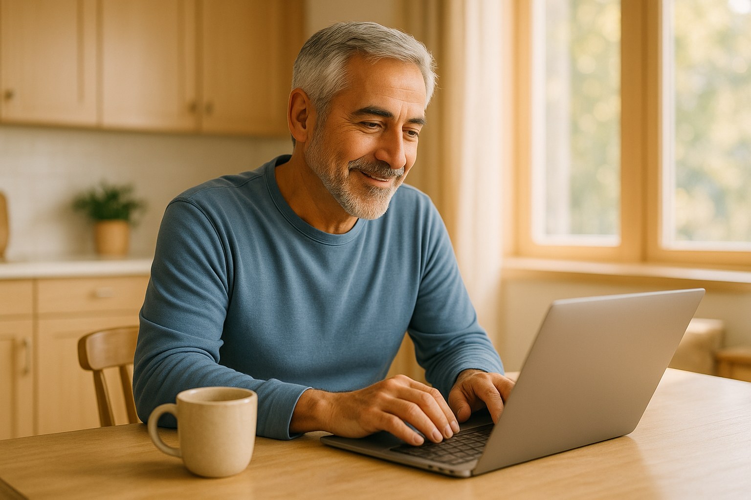 Lifestyle: Owen, the same man, at his kitchen table with a laptop open and a mug of coffee beside him, relaxed and absorb