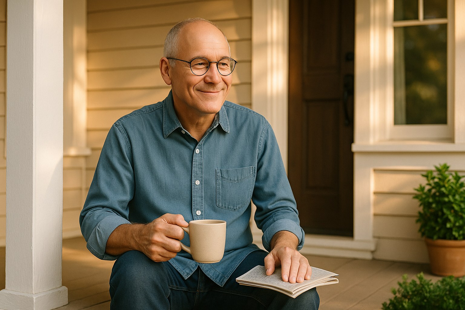 Lifestyle: Gerald, the same man, sitting on his front step with a coffee mug and a folded newspaper on his knee, at ease