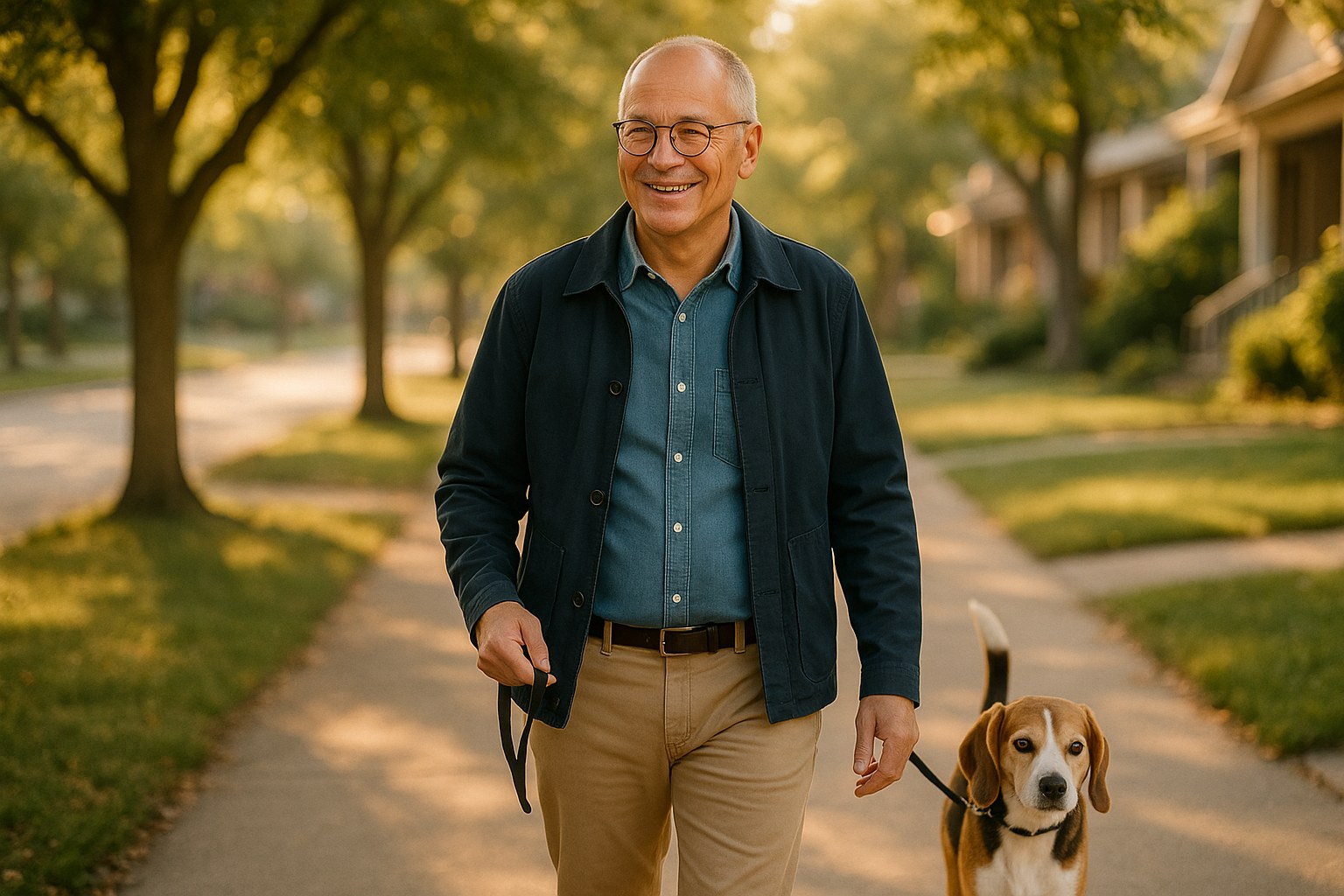 Lifestyle: Gerald, the same man, walking a beagle along a quiet tree-lined sidewalk in his neighborhood, jacket open, con