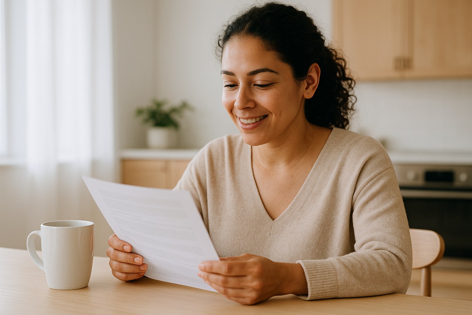 A woman reading a printed sheet at a kitchen table