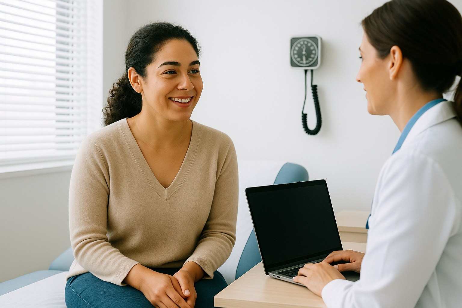 A woman talking with her nurse practitioner in an exam room