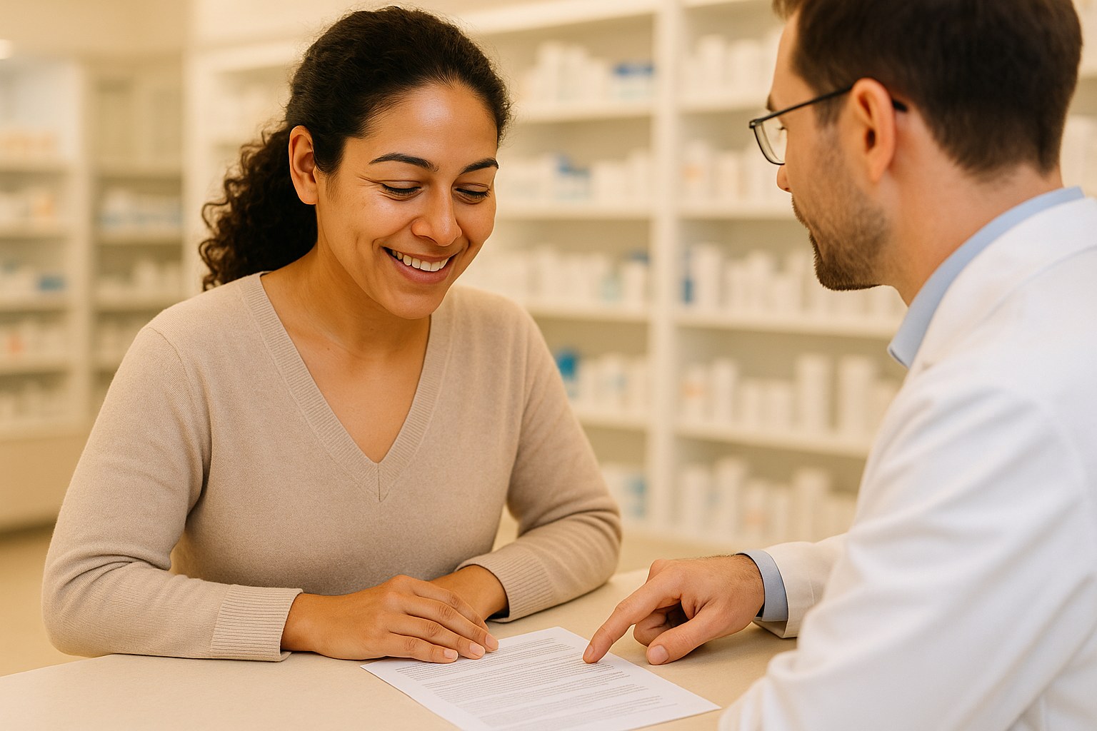 A woman at a pharmacy counter speaking with the pharmacist