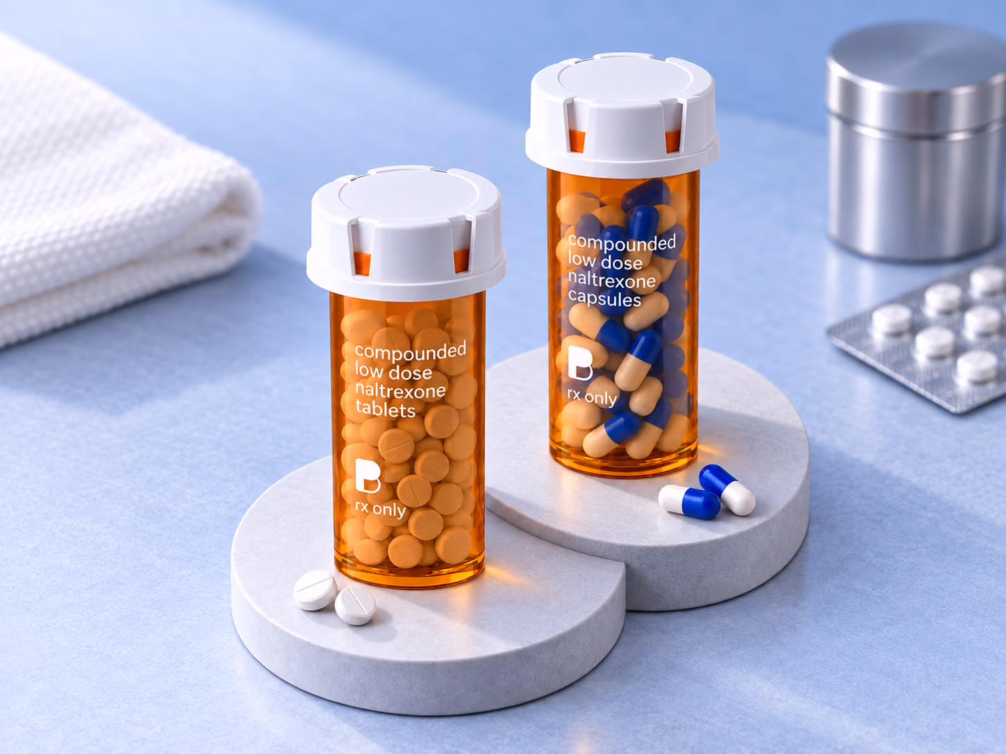 Compounded low dose naltrexone prepared as scored tablets and as capsules