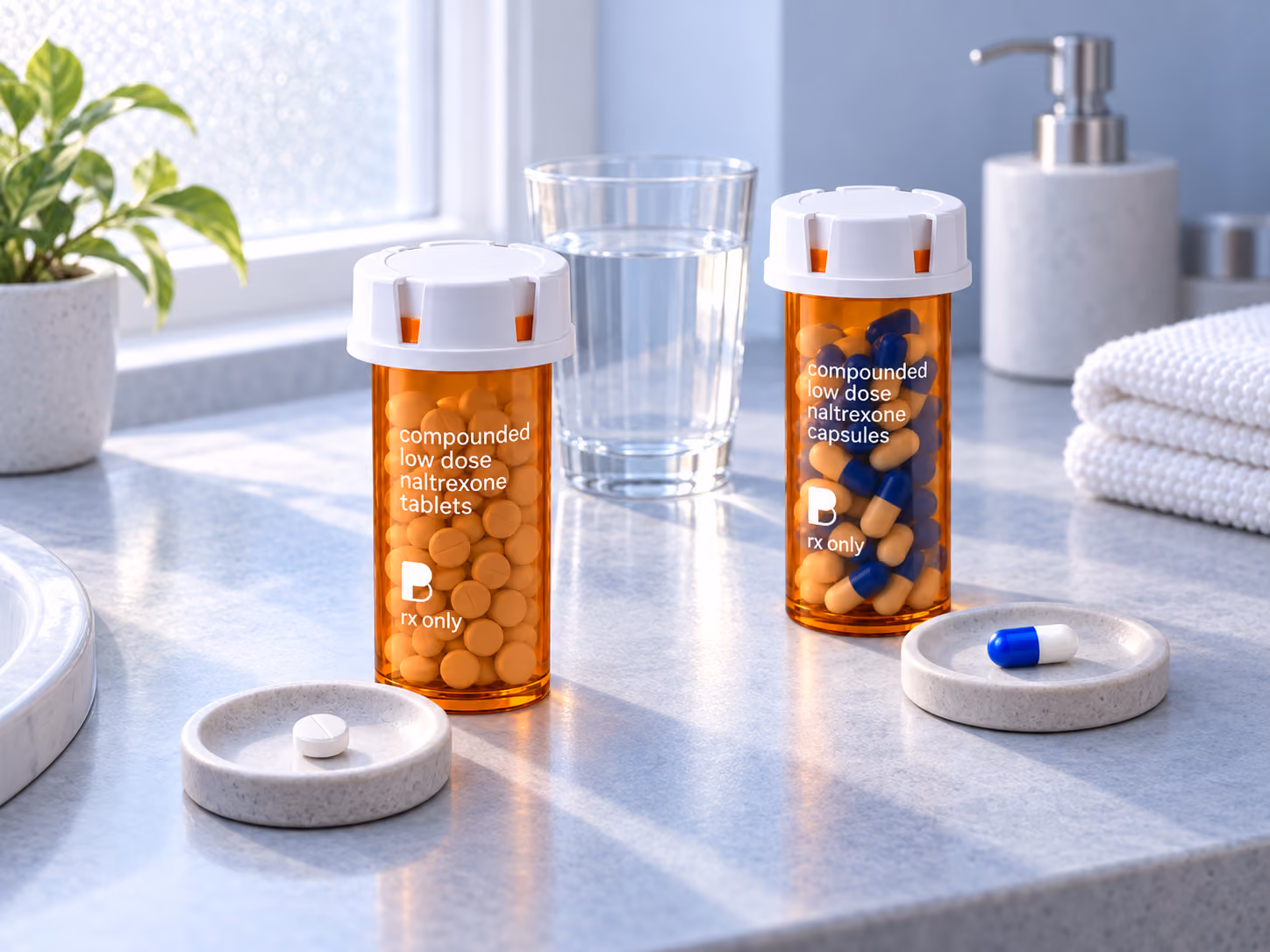 A single scored low dose naltrexone tablet with a single capsule