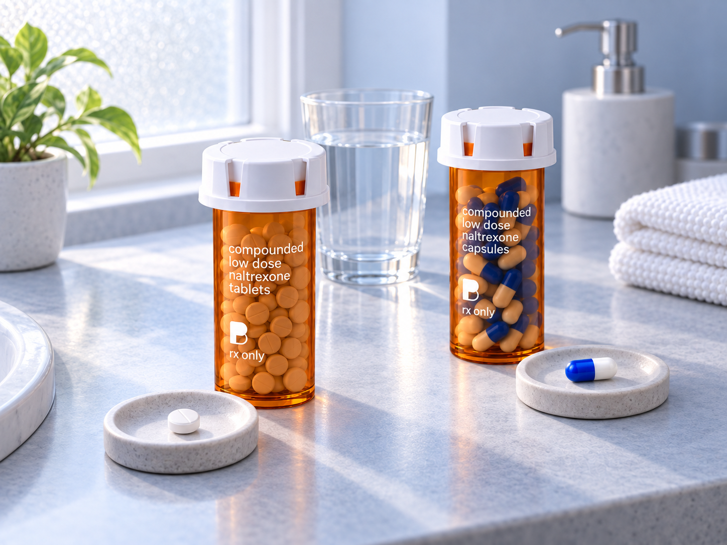 A single scored low dose naltrexone tablet with a single capsule