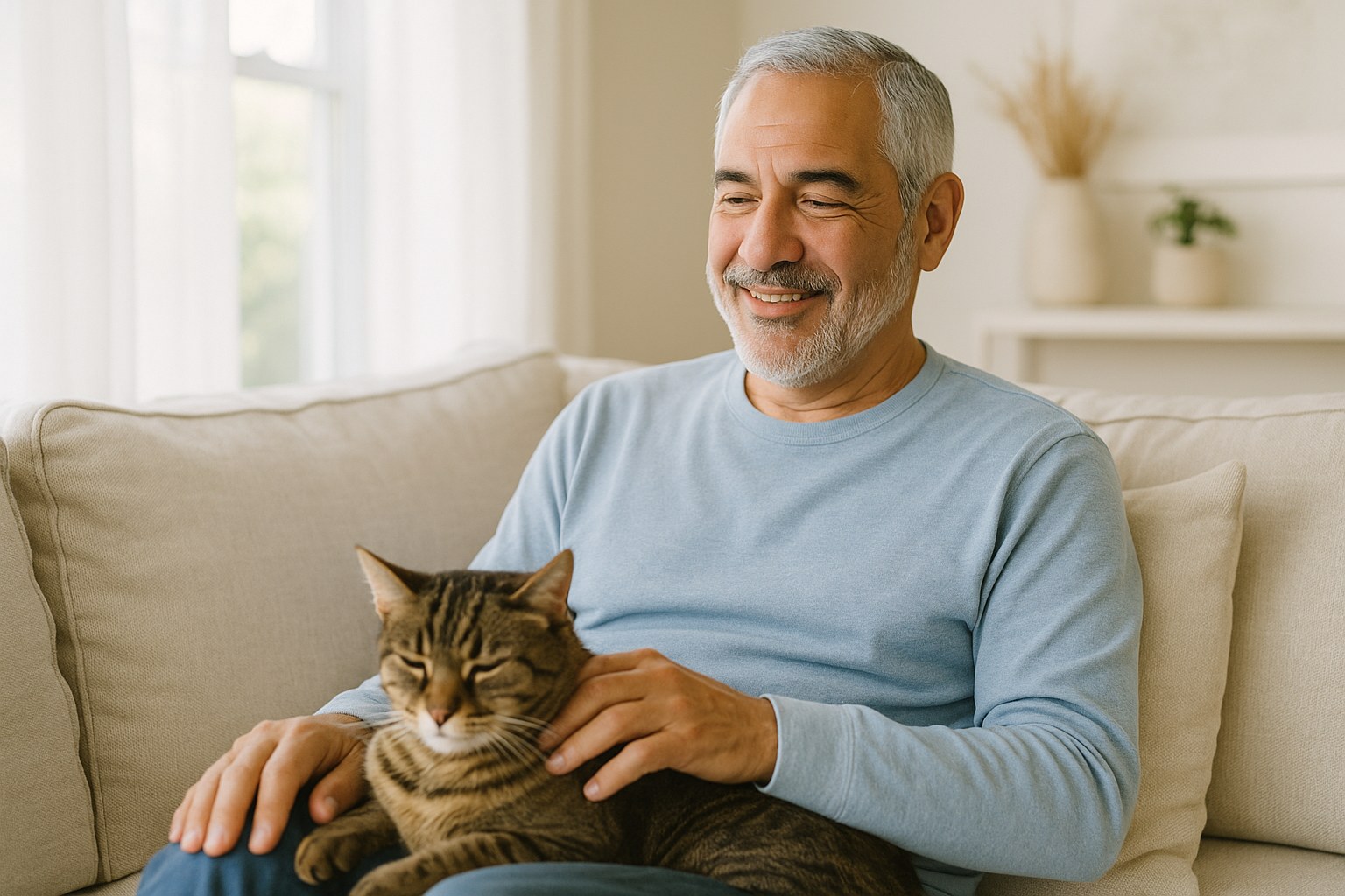Lifestyle: Tomas, a man in his 60s with silver hair, a close-cropped beard and olive skin, sitting on a living room sofa