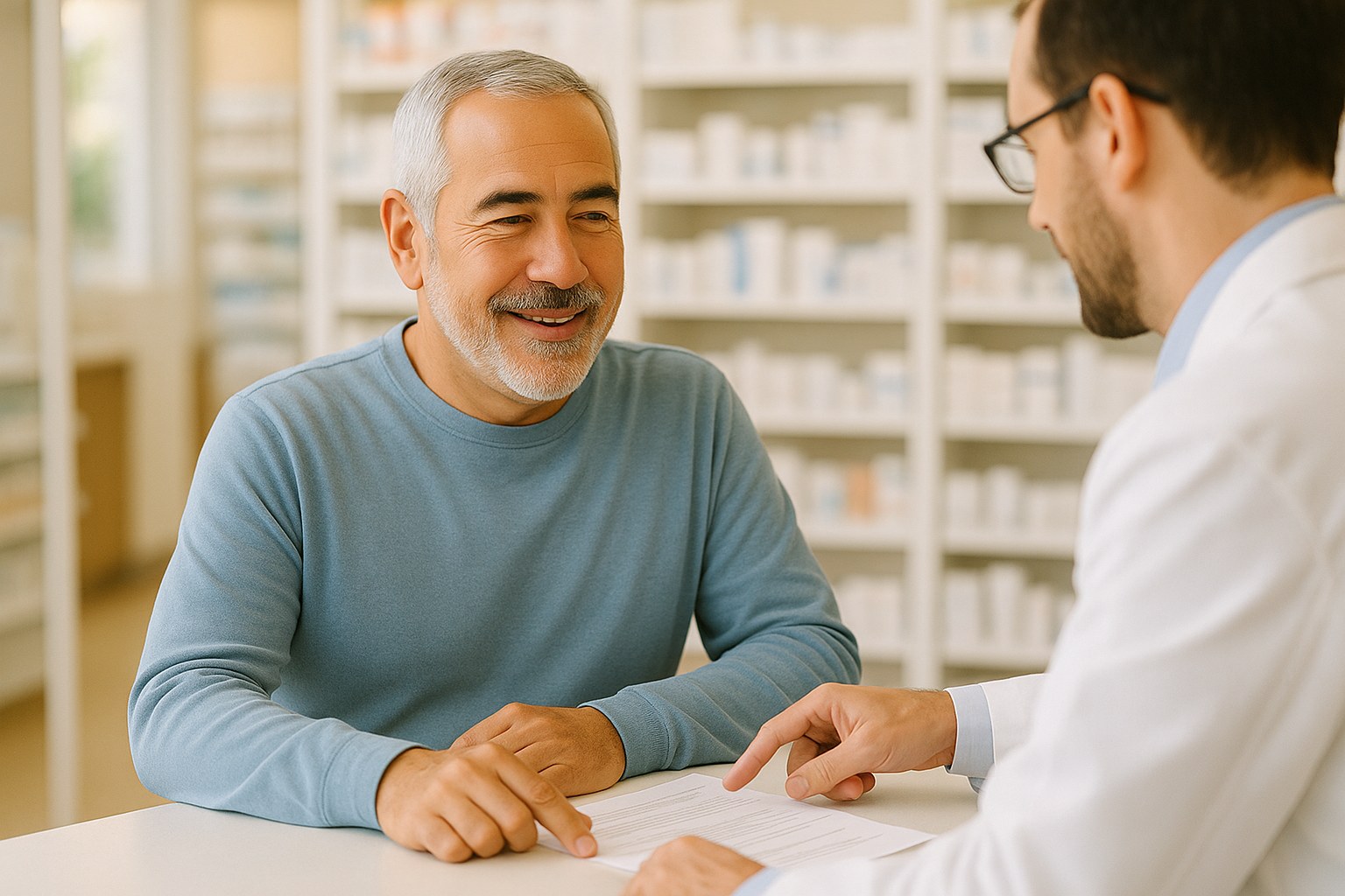 Lifestyle: Tomas, the same man, at a pharmacy counter in late afternoon light, engaged as a pharmacist in a white coat po