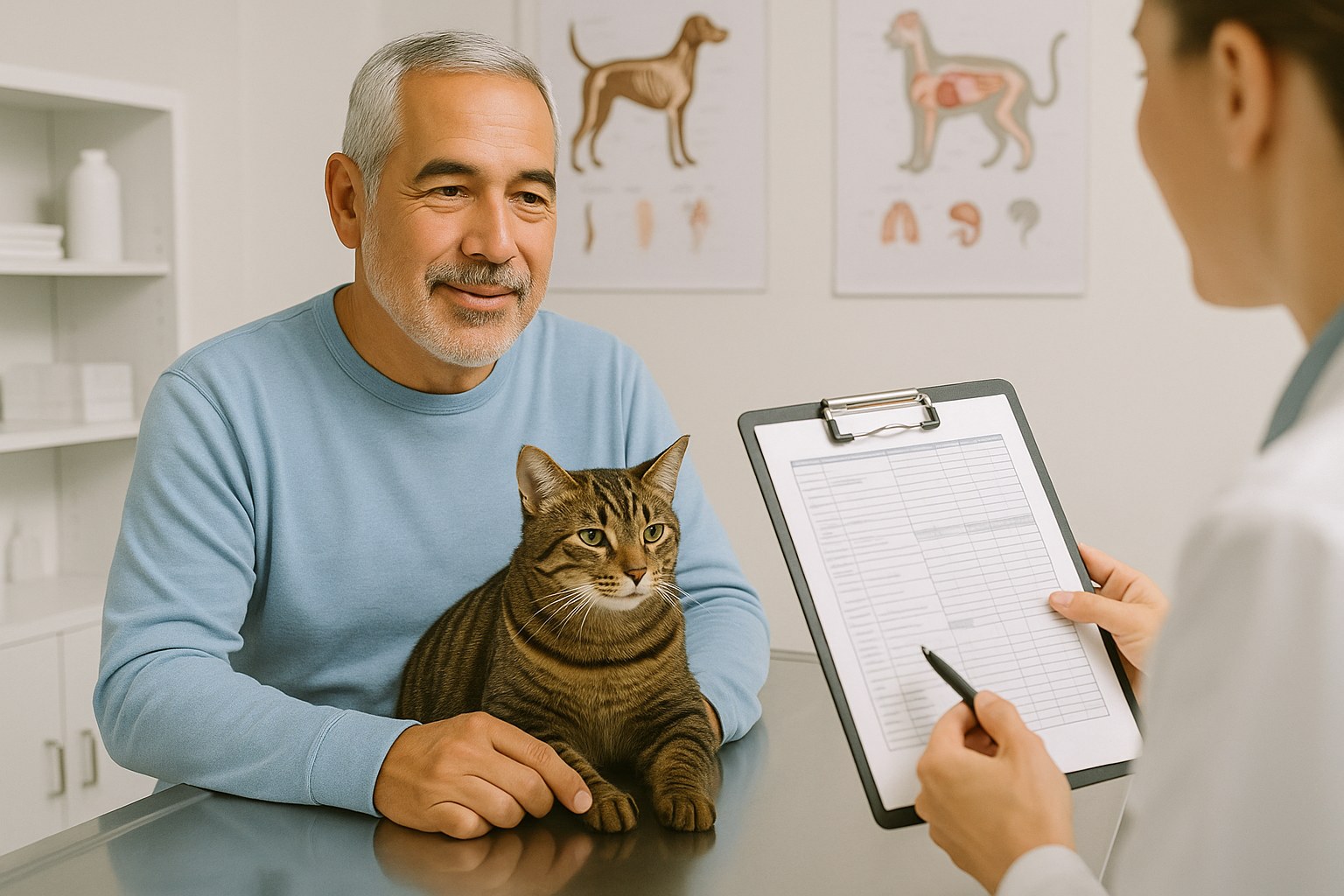 Lifestyle: Tomas, the same man, in a veterinary exam room, attentive as the veterinarian turns a chart toward him while t
