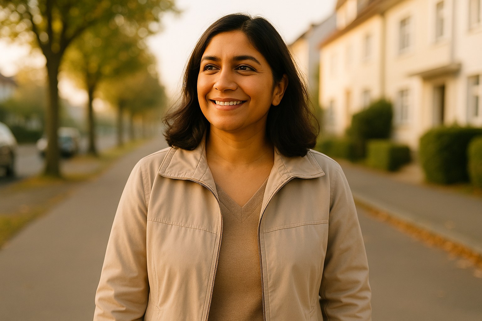 Lifestyle: Priya, the same woman, on a morning walk along a quiet residential street, light jacket, content, early light