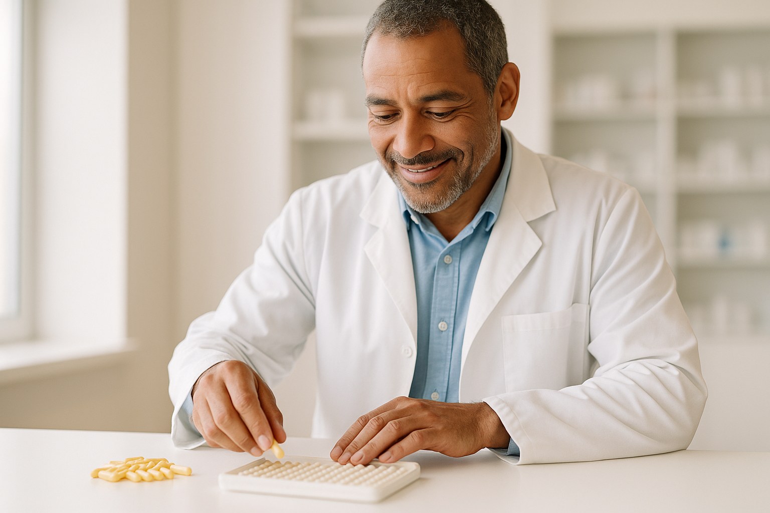Lifestyle: a pharmacist in a white coat filling capsules on a clean bench, hands and bench only, no labels, soft daylight