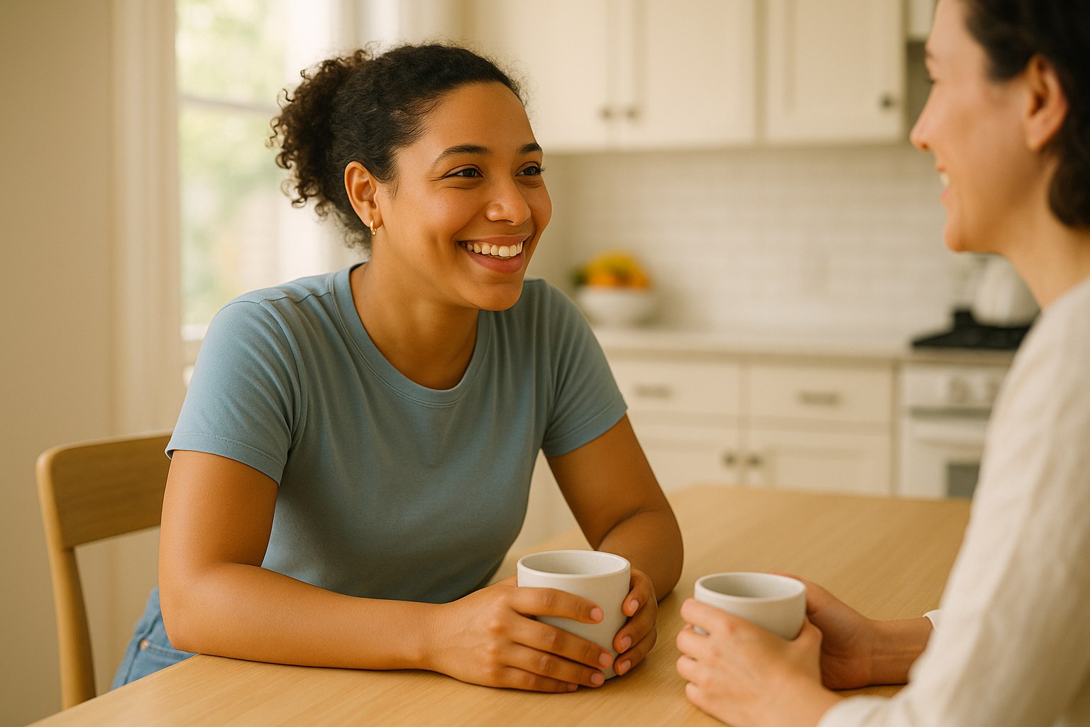 Lifestyle: Nadia, the same woman, at a kitchen table with a friend over coffee, forearms resting on the pale wood, conten