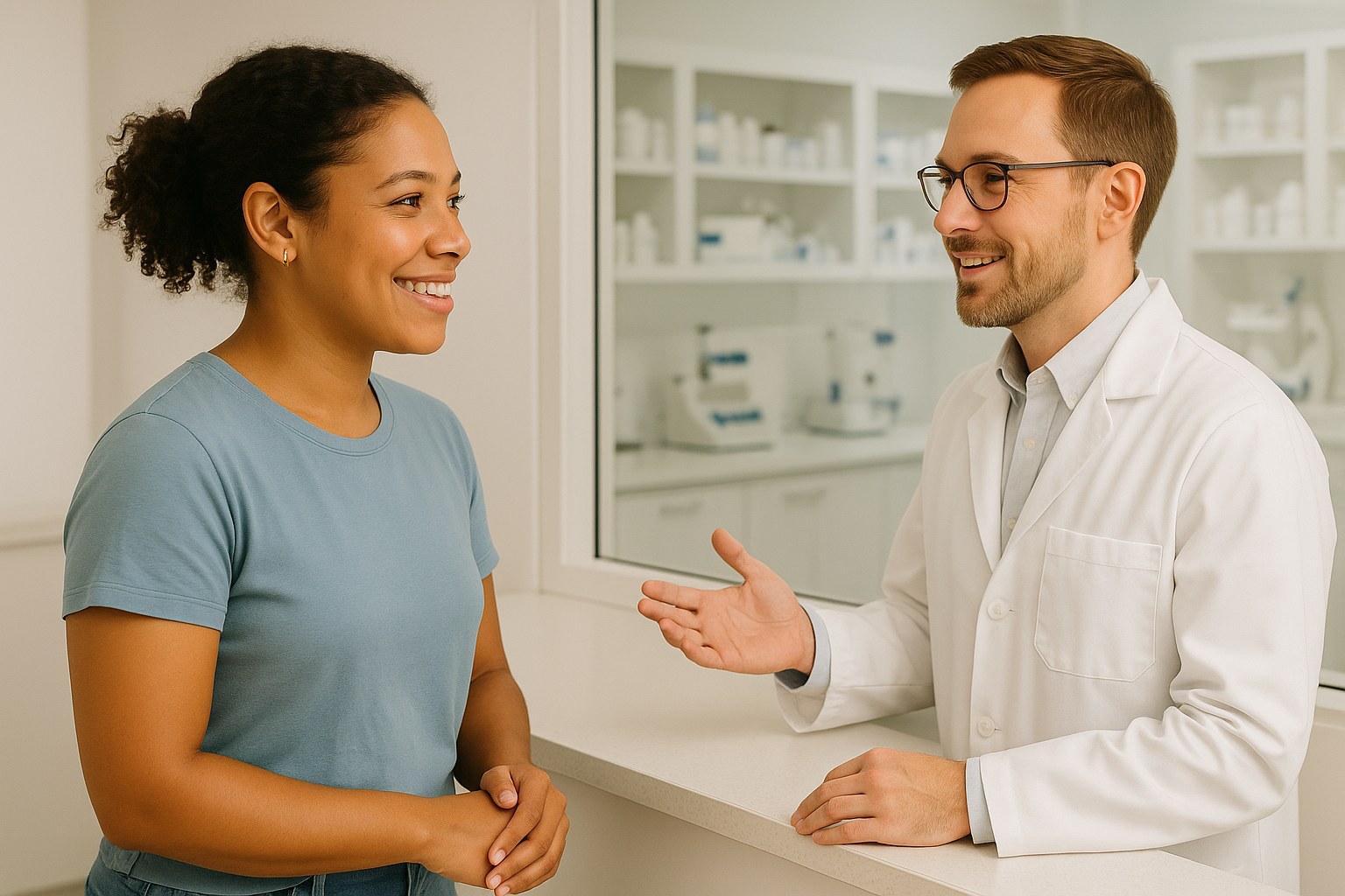Lifestyle: Nadia, the same woman, standing at a pharmacy counter while a pharmacist in a white coat gestures toward a cle