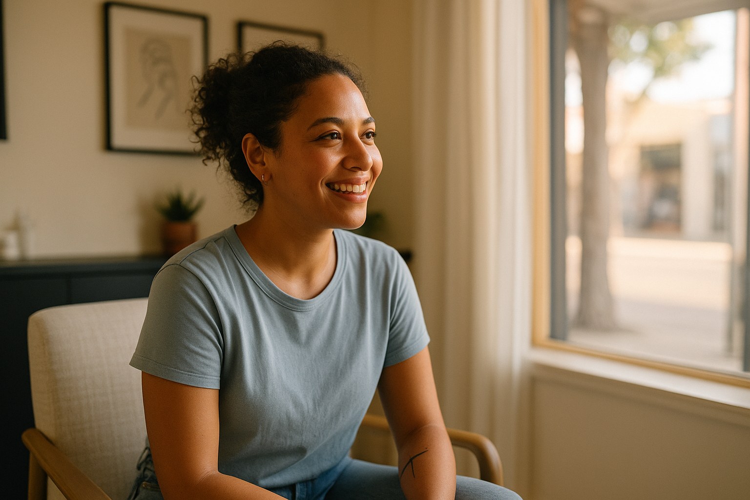 Lifestyle: Nadia, a woman in her 30s with light brown skin, tight dark curls pulled back, and a small line tattoo on her