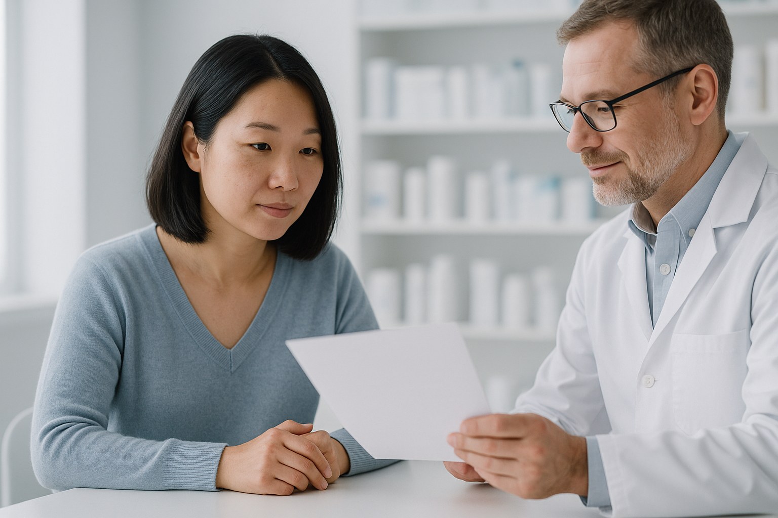 Lifestyle: Mei, the same woman, at a pharmacy counter listening as the pharmacist explains a blank printed sheet, both re
